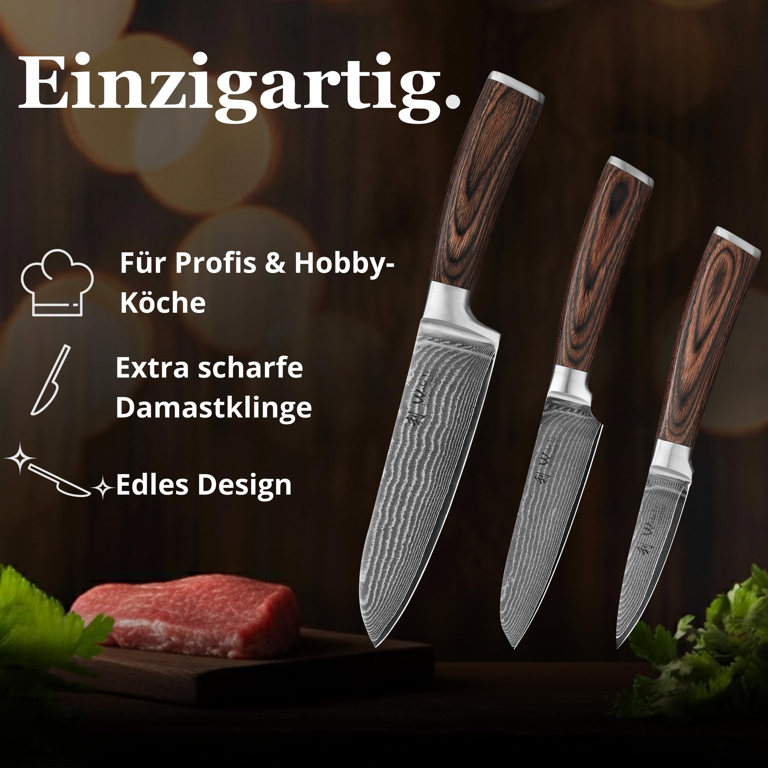Wakoli EDIB 3-teiliges Küchenmesser Set aus echtem Damaststahl (VG10 Kern) in Geschenkbox aus Holz – Scharf & ergonomisch – Damastmesser Set mit Pakkaholzgriffen