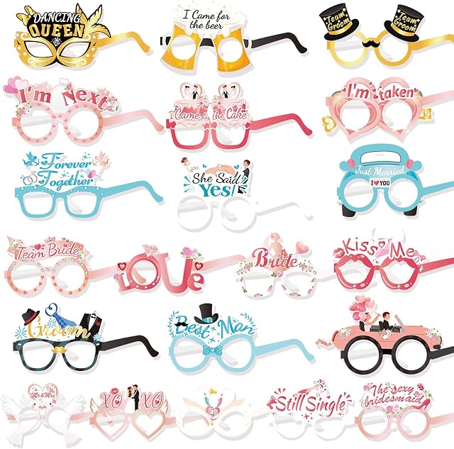 HOWAF 21 Pcs Wedding Party Glasses Wedding Photobooth Props Accessories Engagement Photo Booth Selfie Props Funny Glasses Just Married Bridal Shower Wedding Decorations and Supplies