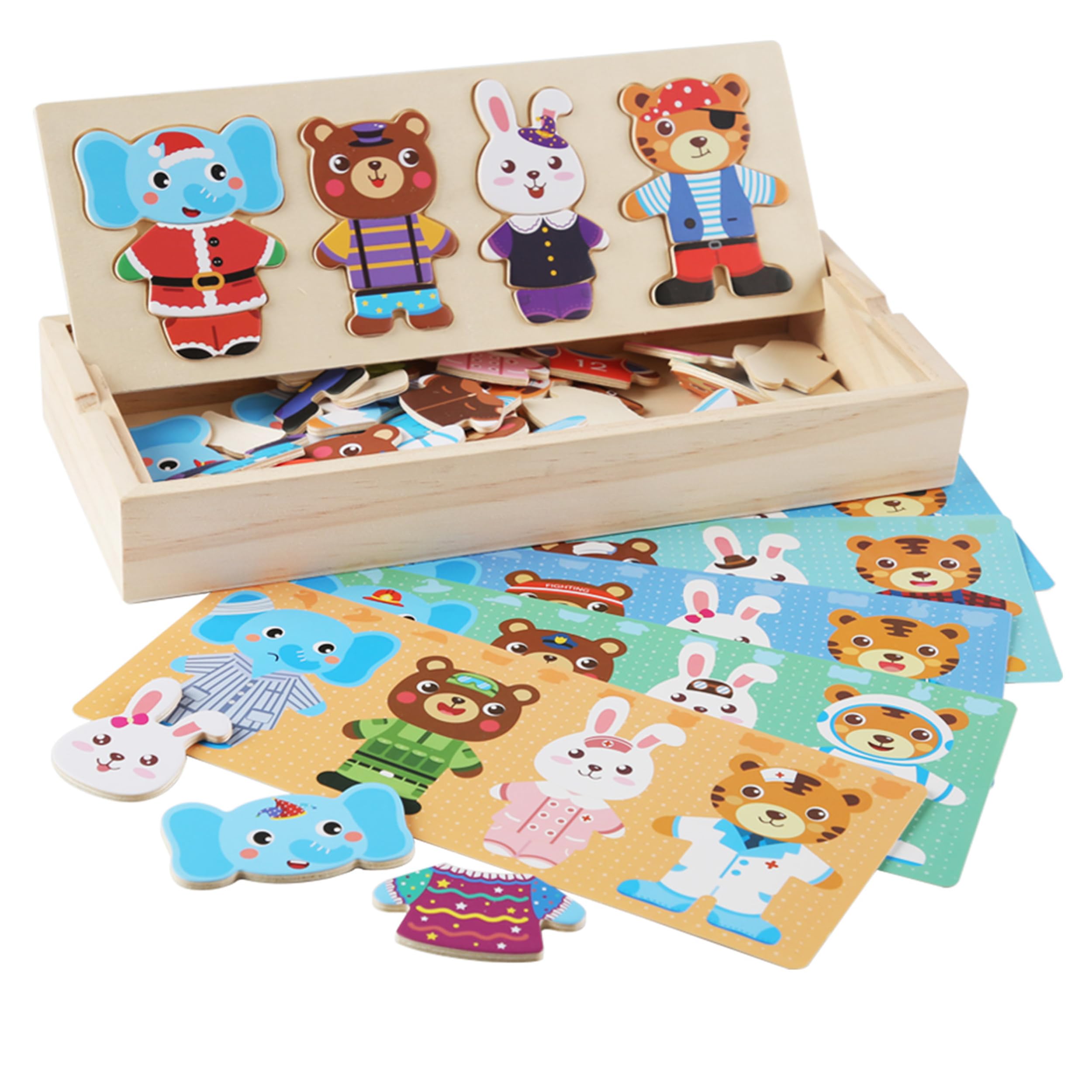 LilyBeauty Wooden Animal Dress-Up Puzzle Box-60 Pcs, Sorting & Matching Toy with Storage Case, Change Clothes Puzzle Games for Toddlers, Educational Puzzle Learning Toys for Kids Ages 3+ (Mixed) — image 1