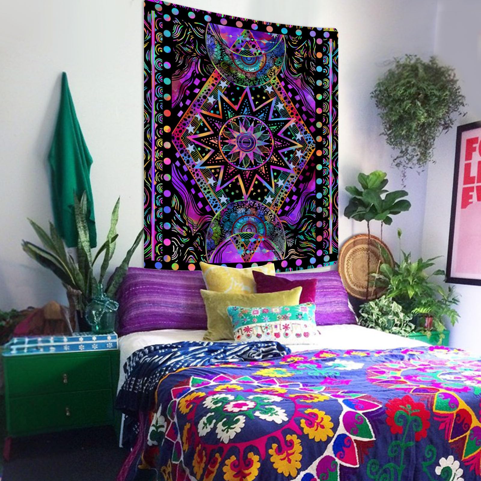 Blacklight Sun and Moon Tapestry Glow in The Dark Neon Hippie Bohemian Tapestries for Bedroom Aesthetic UV Reactive Purple Celestial Tie Dye Tapestry Wall Hanging for Living Room Dorm (80'' × 60''): Purple 90"L x 68"W