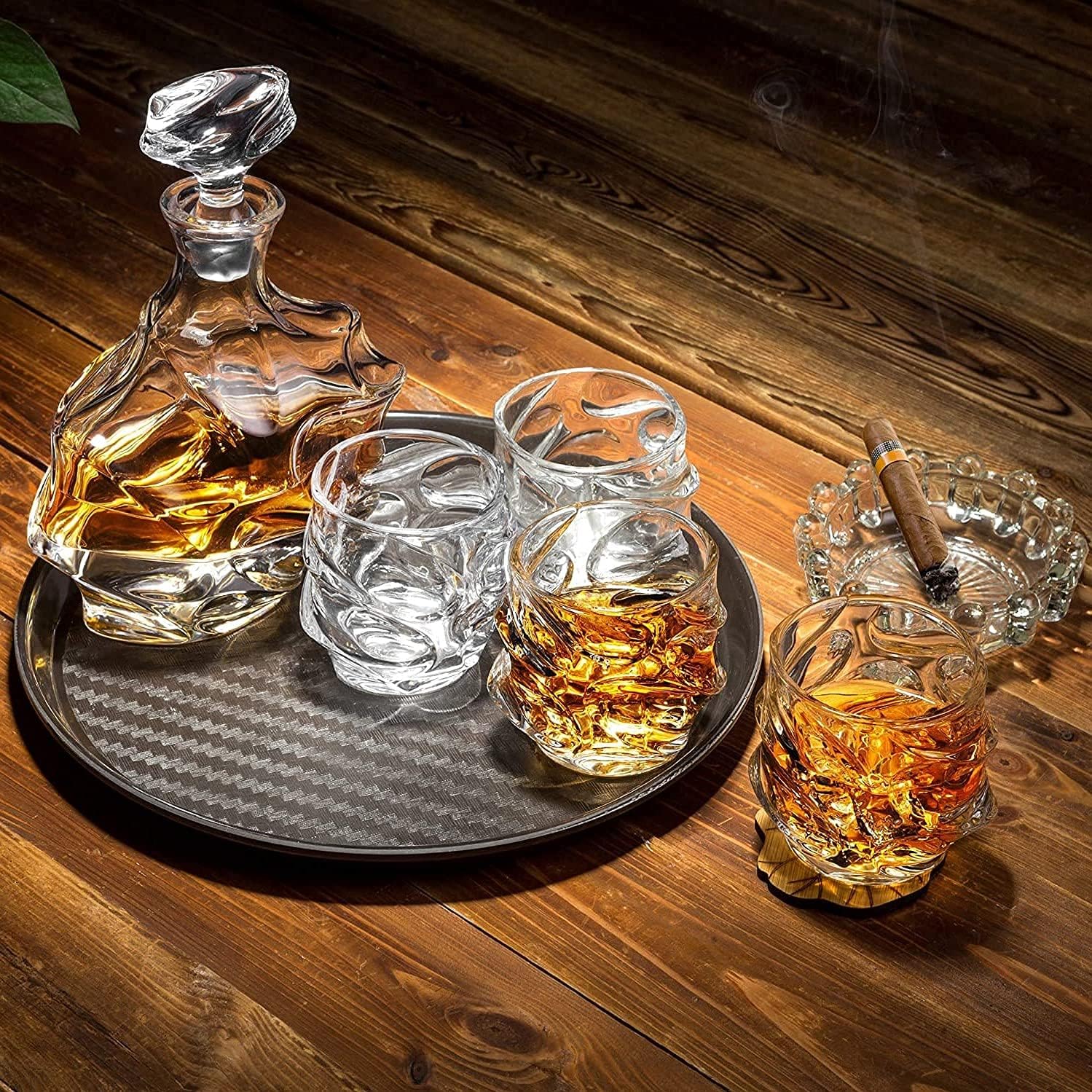 Whiskey Decanter Glasses Set Lead-Free Crystal Glass Scotch Tasting Cups Wine Bottle for Drinking Irish Whisky Bourbon Tequila tumbler (Iceberg, 1 Decanter & 6 Glasses Set)