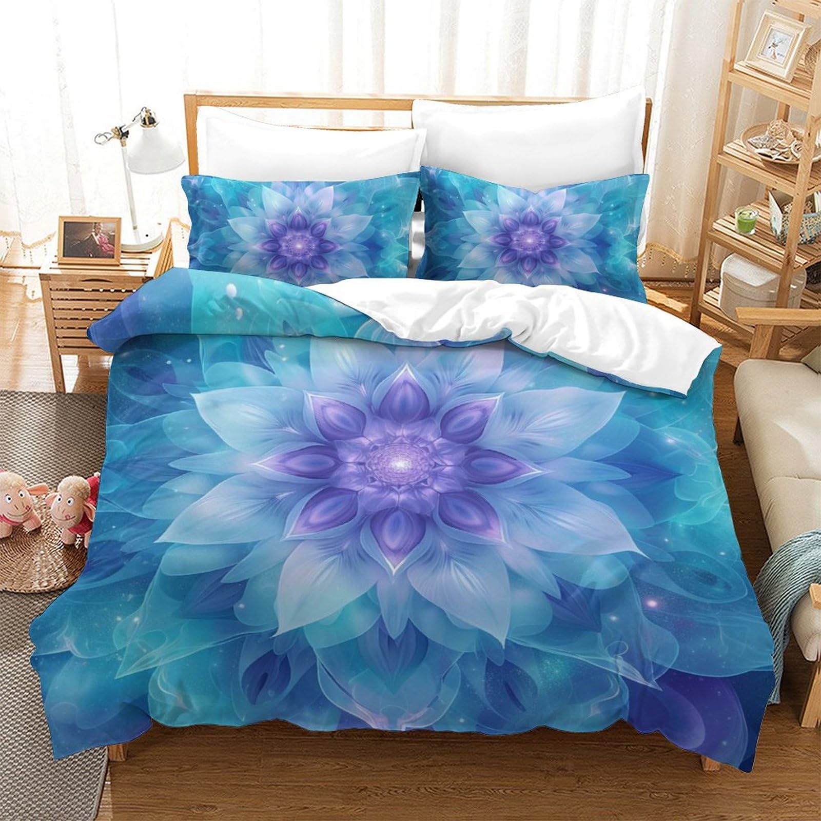 Housse de couette 3 pièces respirante en microfibre super douce motif chrysanthème 3D 200x200