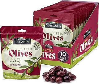 Tuscanini Italian Kalamata Pitted Snack Olives, 1 oz (10 Pack) | Olive Pouches for Snacking | No Oil | Gluten Free, Vegan | Pitted Olives | Great Travel or Office Snacks | Kosher (including Passover)