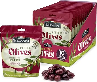 Tuscanini Italian Kalamata Pitted Snack Olives, 1 oz 10 Pack | Olive Pouches for Snacking | No Oil | Gluten Free, Vegan | Pitted Olives | Great Travel or Office Snacks | Kosher including Passover
