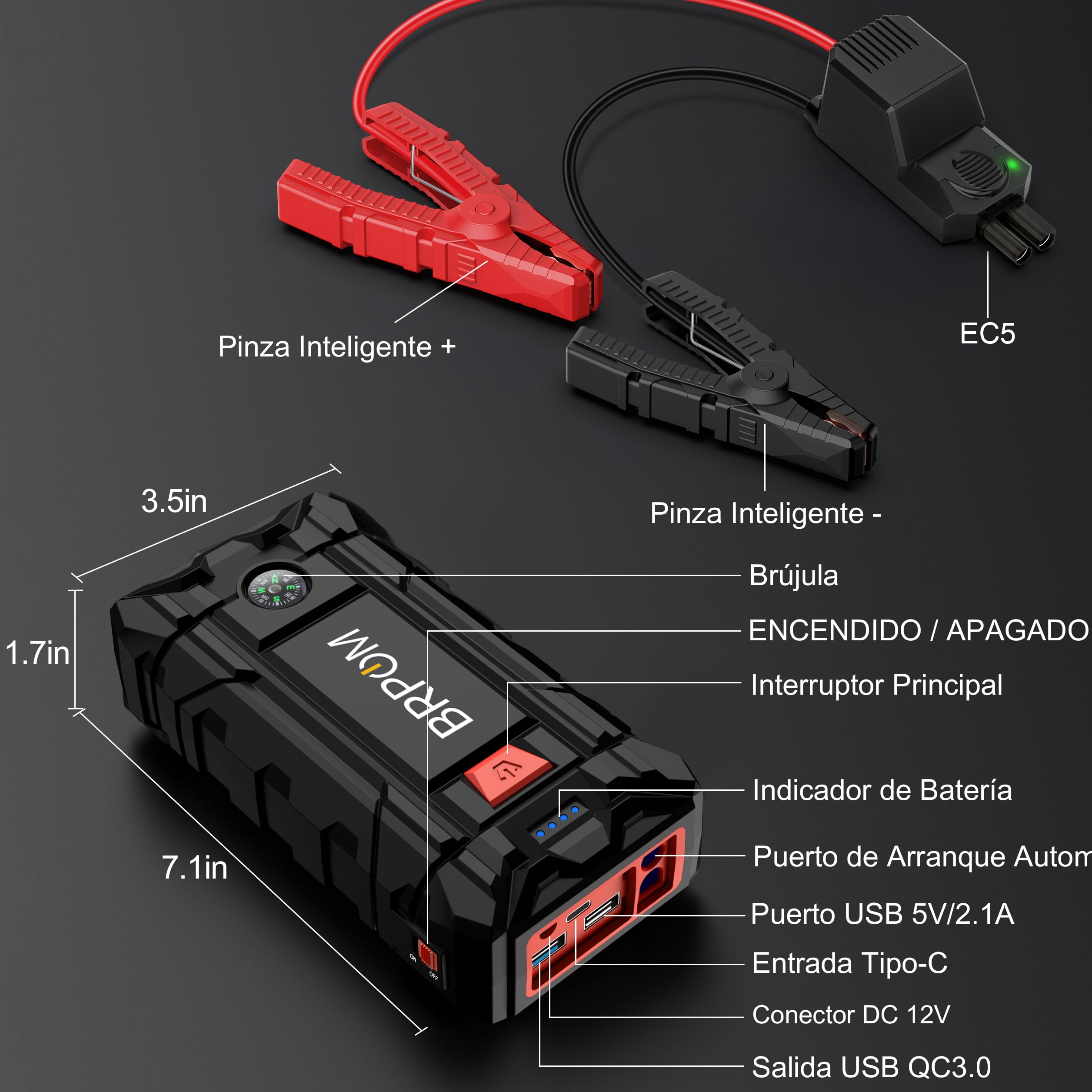 BRPOM Arrancador de Coches 10000A 12V Jump Starter Carga Rápida QC3.0
