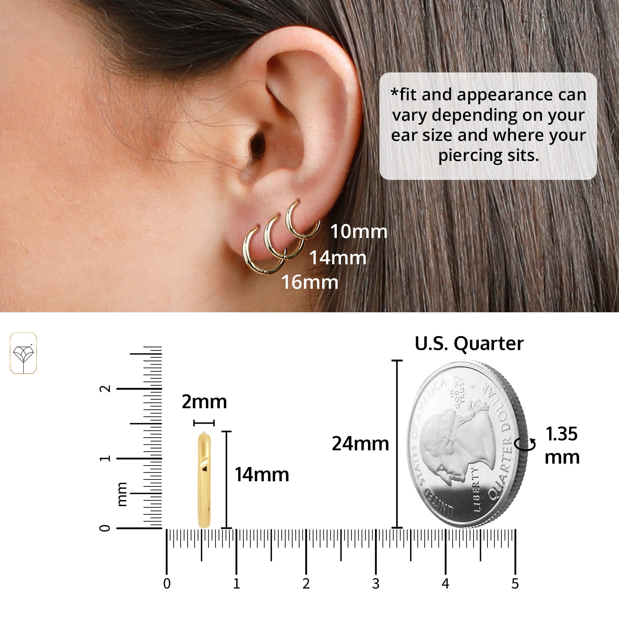14K Solid Yellow Gold Huggie Earrings | Hypoallergenic Domed or Flat Style Small Hoop Earrings in Sizes 10mm, 12mm & 14mm | Small Gold Hoops by MAX + STONE: Domed Style|14MM