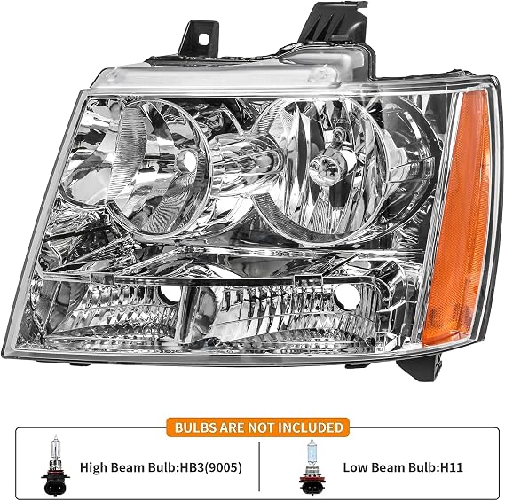 APSVE Headlights Assembly Fit for 2007-2014 Chevy Tahoe,For 07-13 Chevy Suburban Avalanche Replacement Headlamp Pair OE style, Chrome Housing Amber Side