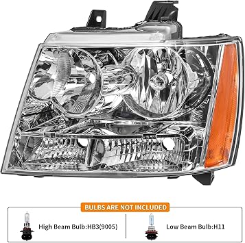 APSVE Headlights Assembly Fit for 2007-2014 Chevy Tahoe,For 07-13 Chevy Suburban Avalanche Replacement Headlamp Pair OE style, Chrome Housing Amber Side