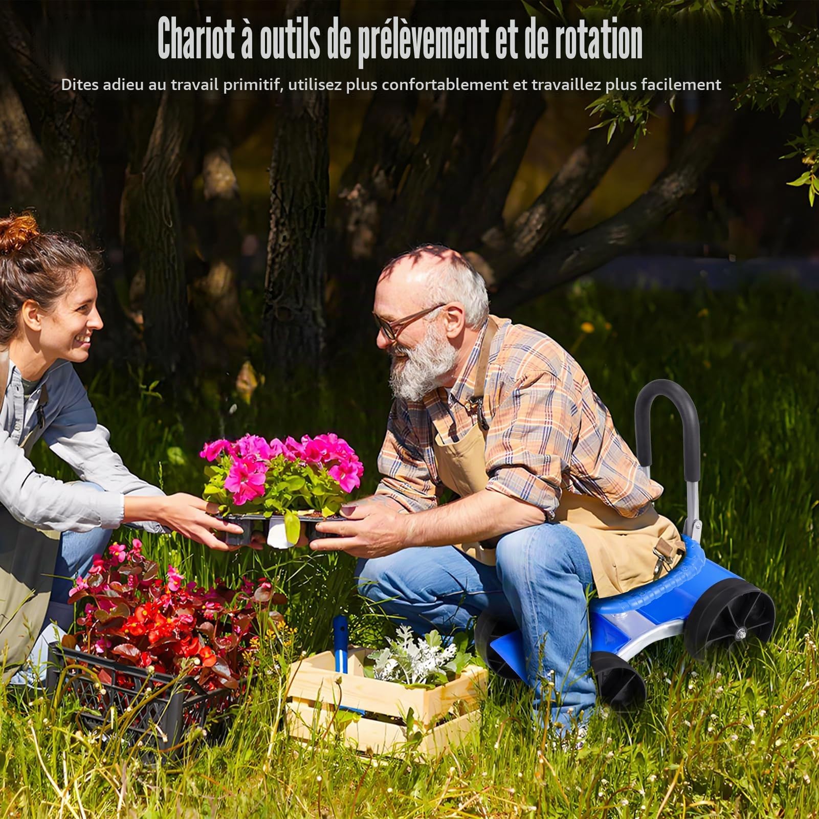 Siège de Jardin à Roulettes Pivotant 360°, Chariot Roulant Avec Siège pour Travaux de Cour, Entretien de Pelouse, Réglable en Hauteur, Tabouret Avec Plateau