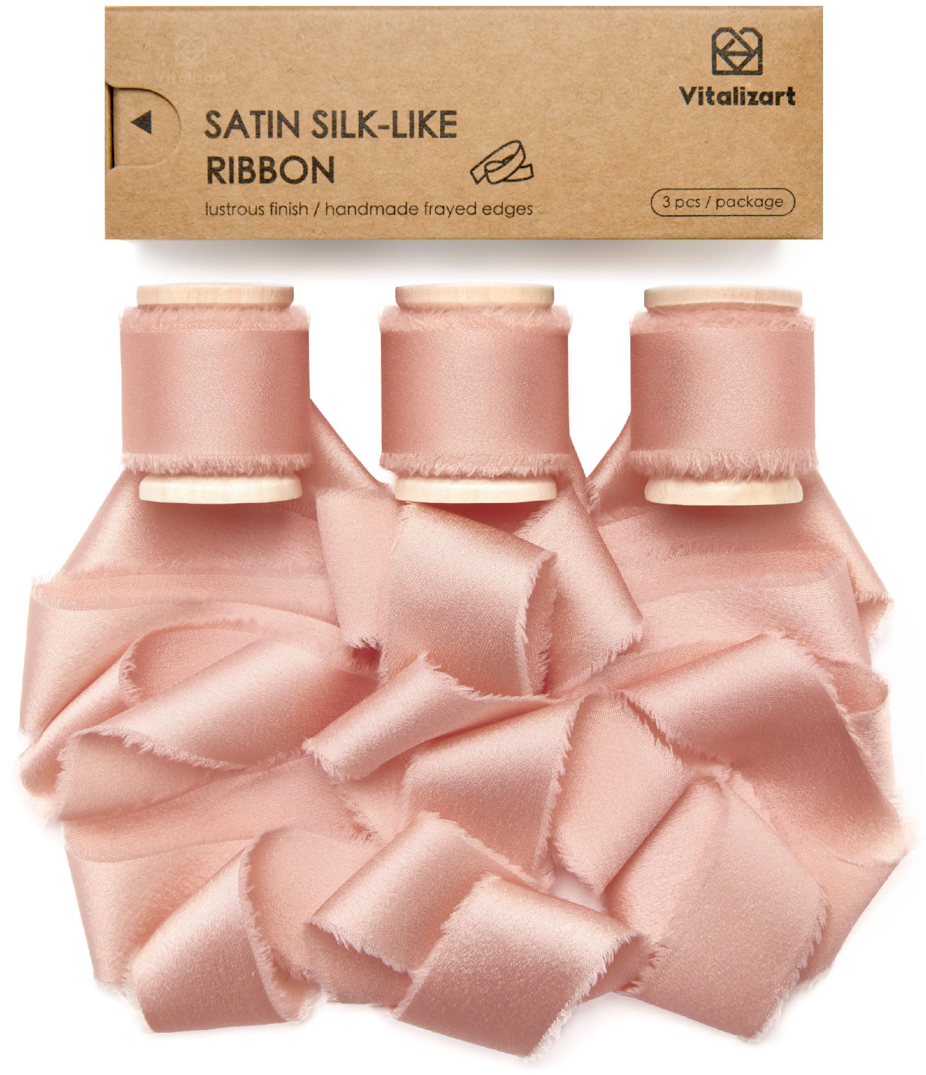 Vitalizart Pink Silk Satin Ribbon 1" x 15 Yds Wooden Spool Handmade Frayed