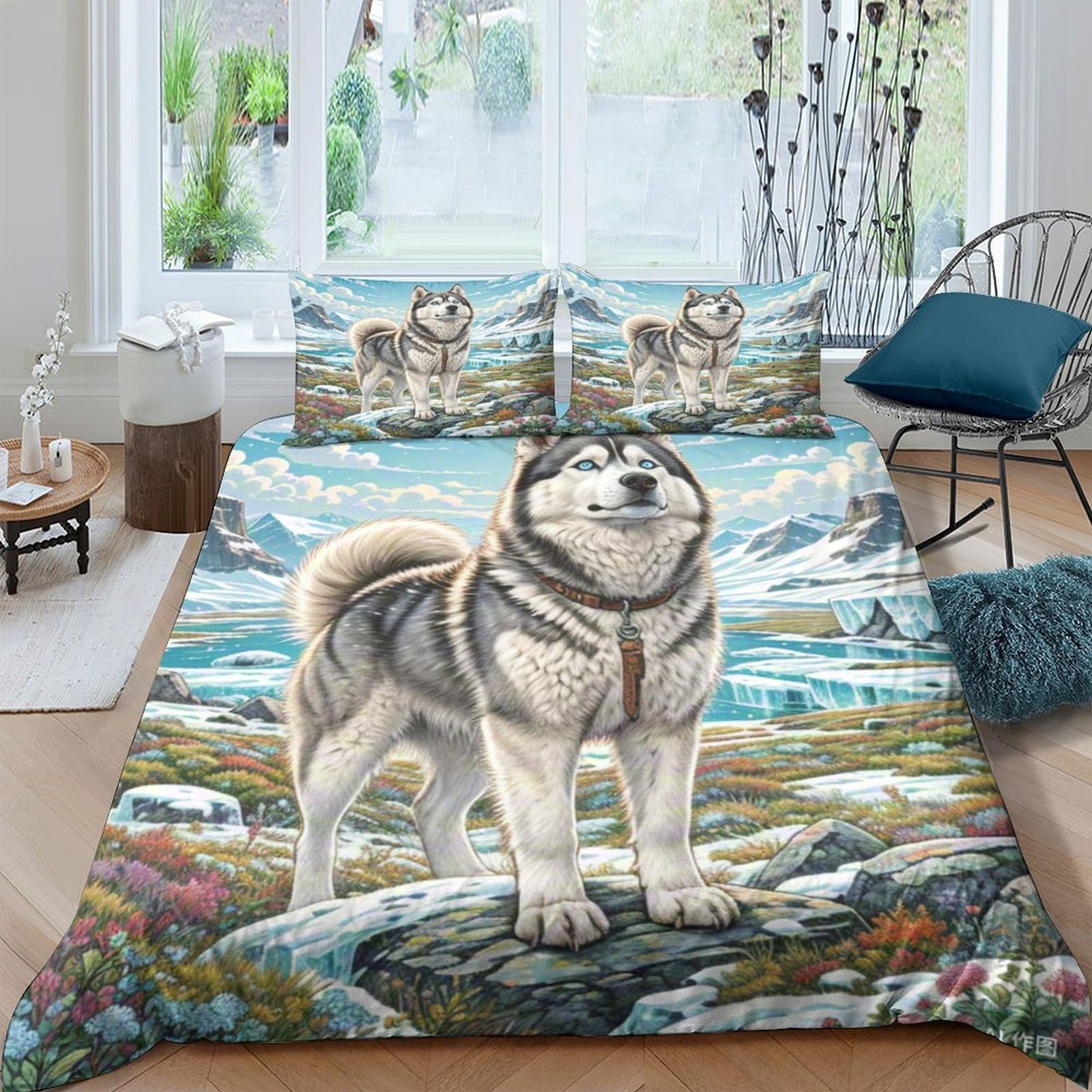 Linge de lit Husky sibérien 220x240 imprimé animalier 3D
