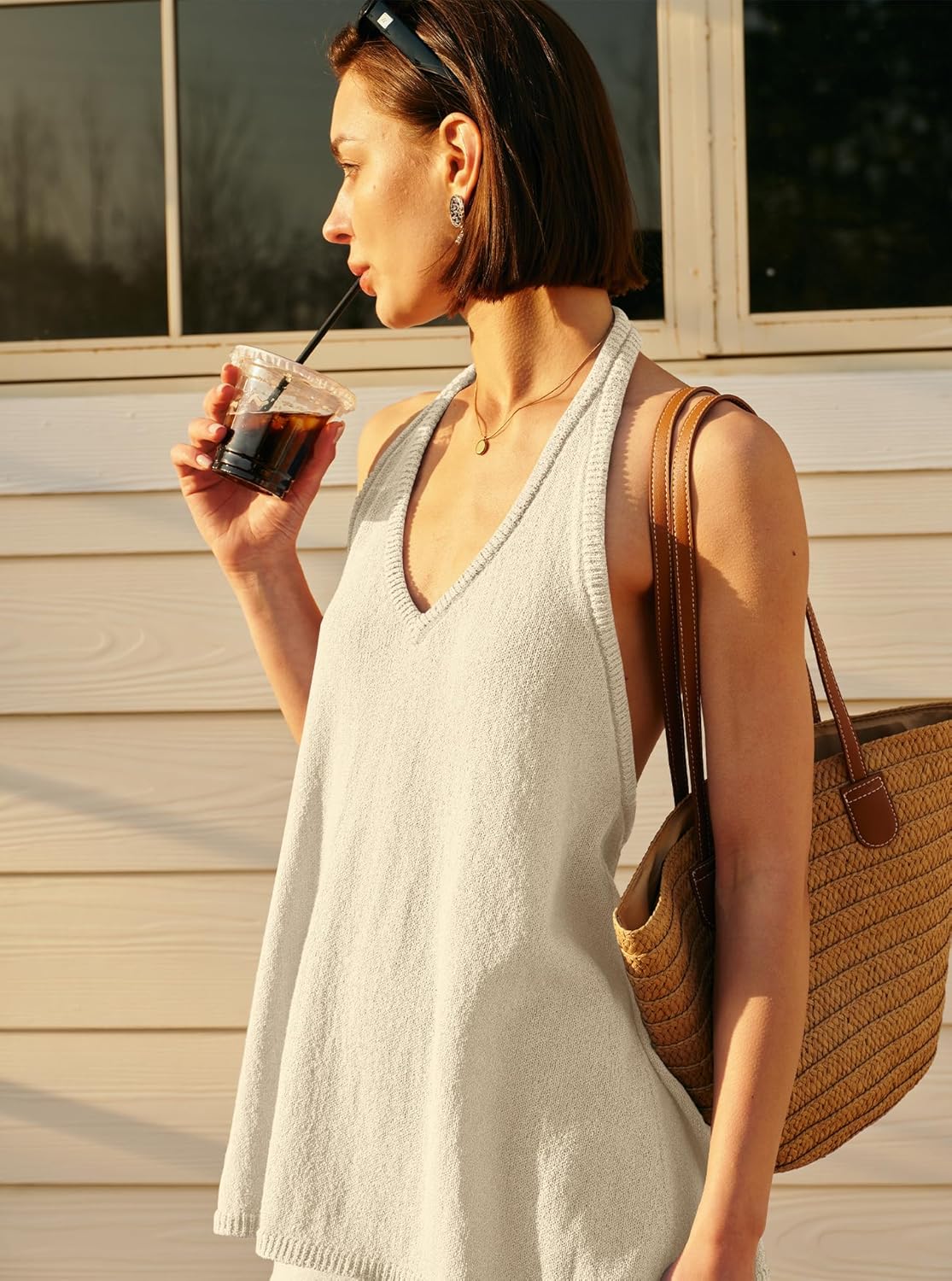 Panadila Womens Summer Two Piece Sets Beach Vacation Outfits Halter Neck Tank Top and Shorts Set Knit Lounge Clothes - Image 2