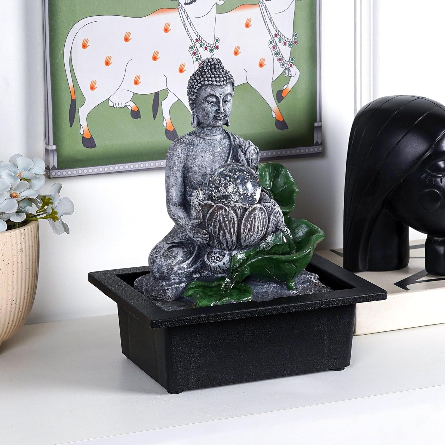Buddha’S Lotus Tabletop Indoor Fountain for Home Decor Spiritual Decor for Home Office & Meditation Spaces (Height: 28 Cm) Black with Free Type-A Adapter