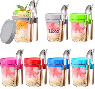6 Sets Overnight Oats Jars Mason with Lid Spoon Fork, 12 oz Glass Overnight Oats Container Reusable Airtight Jars Cups with Measurement Mark for Yogurt Cereal Food Oatmeal Milk Salad