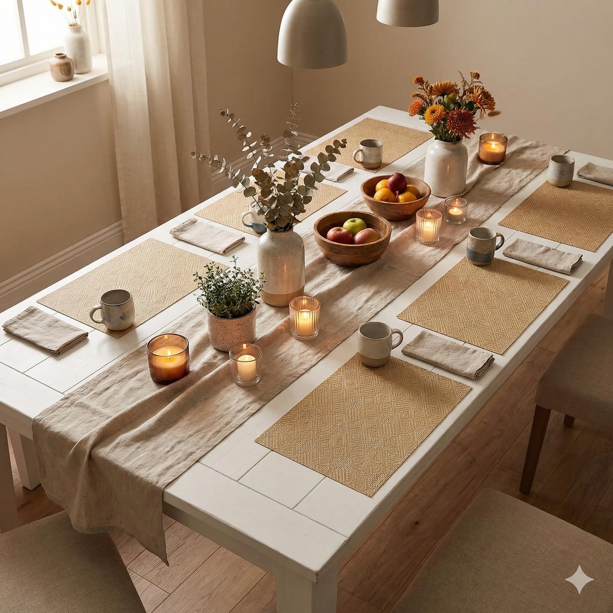 YELONA Placemats Set of 4, Heat-Resistant Woven Vinyl Table Mats, Non-Slip & Washable Dining Tablemats for Kitchen & Dinner Decor, Gold & Beige (45cm x 30cm)