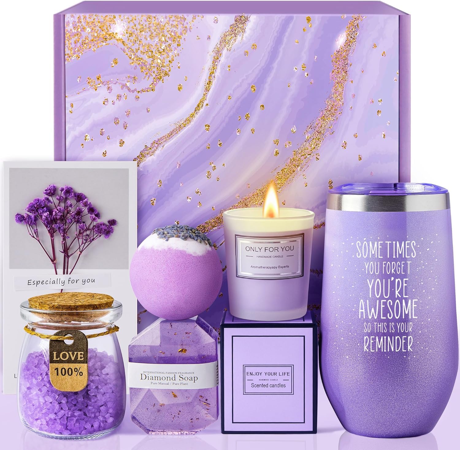 Gift Basket for Women - 6PC Scented Candles & Bath Bombs Set, Bubble Bath Gifts, Relaxing Spa Gift Set for Women (Purple)