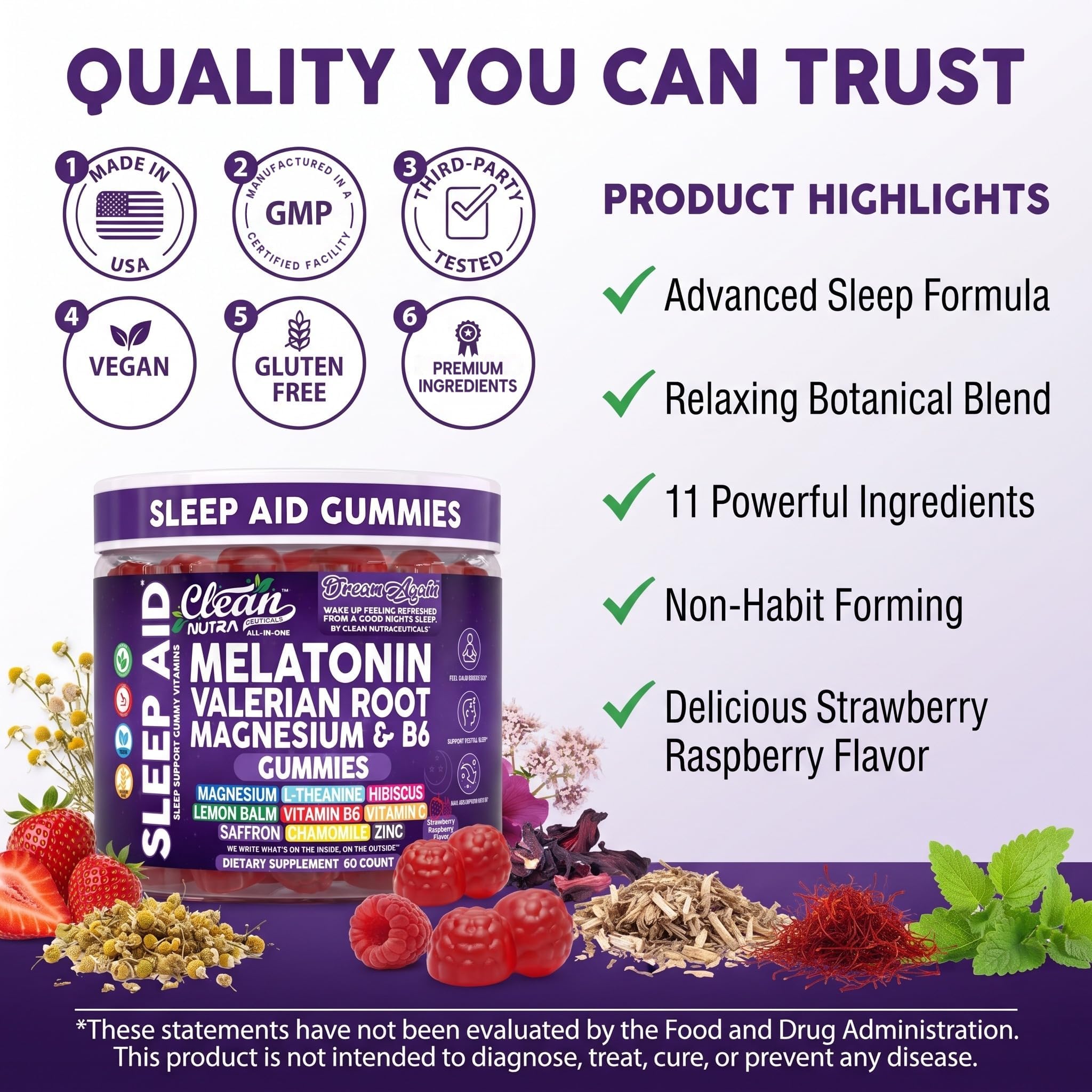 Clean Nutra Melatonin Gummies 10mg | Sleep Aid Valerian Root L-Theanine Vitamin B6 C Lemon Balm Magnesium Hibiscus Beta Carotene Saffron & Chamomile Rest Support Supplement Raspberry Flavor — Amazon image 8