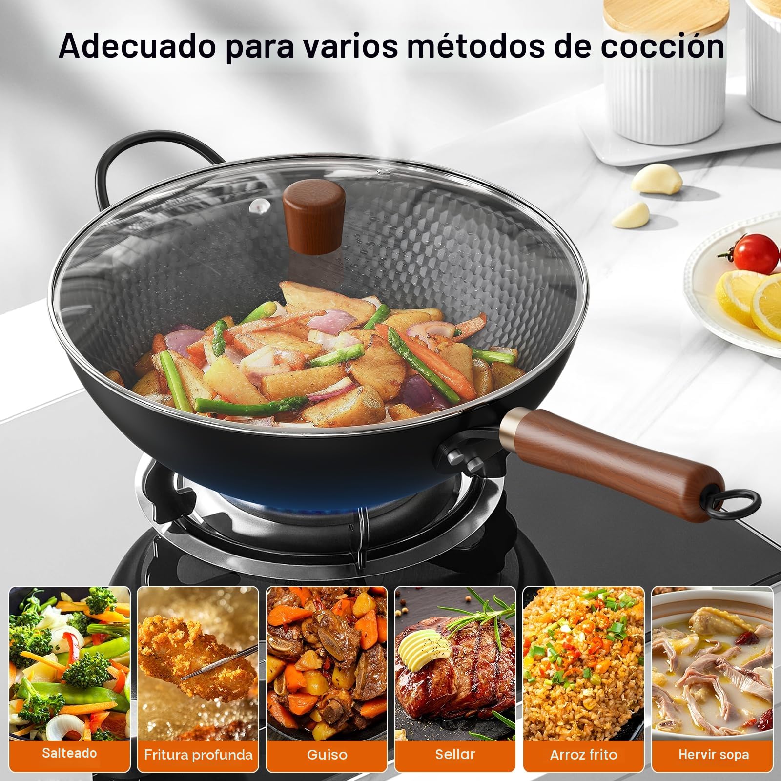 Jobin 33cm Wok de Inducción con Tapa, Sin Recubrimiento Químico, Pre-sazonado Wok de Acero al Carbono, con Mango Auxiliar de Madera y Acero, Compatible con Inducción