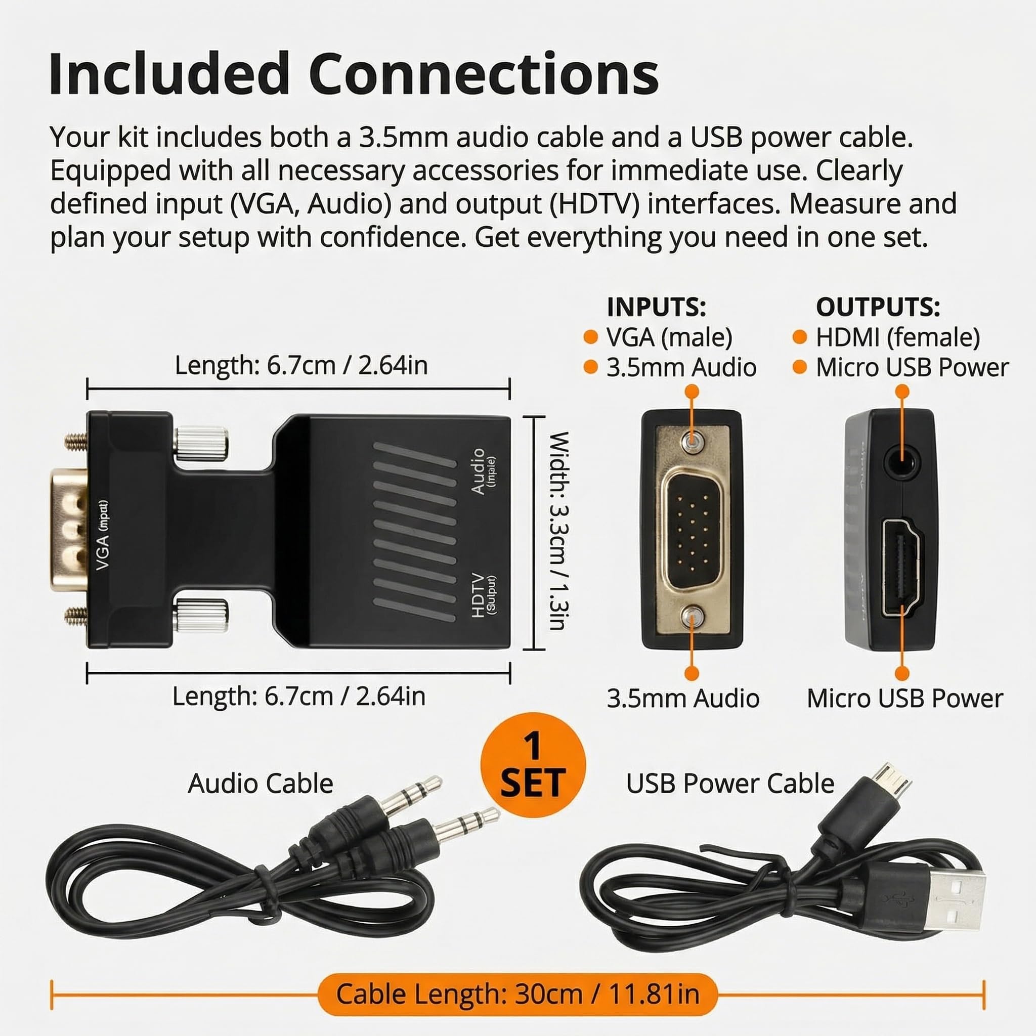 Adaptateur VGA vers HDMI 1080P 60Hz avec Câble Audio 3,5 mm Convertisseur Actif