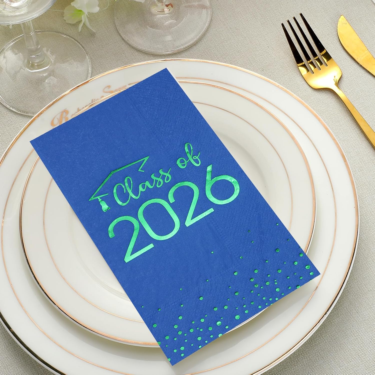 100pcs Class of 2026 Graduation Napkins Disposable Congrats Grad Napkins Foil Dot Paper Hand Towels for 2026 High School University College Graduation Party Decorations and Supplies(Blue Green)