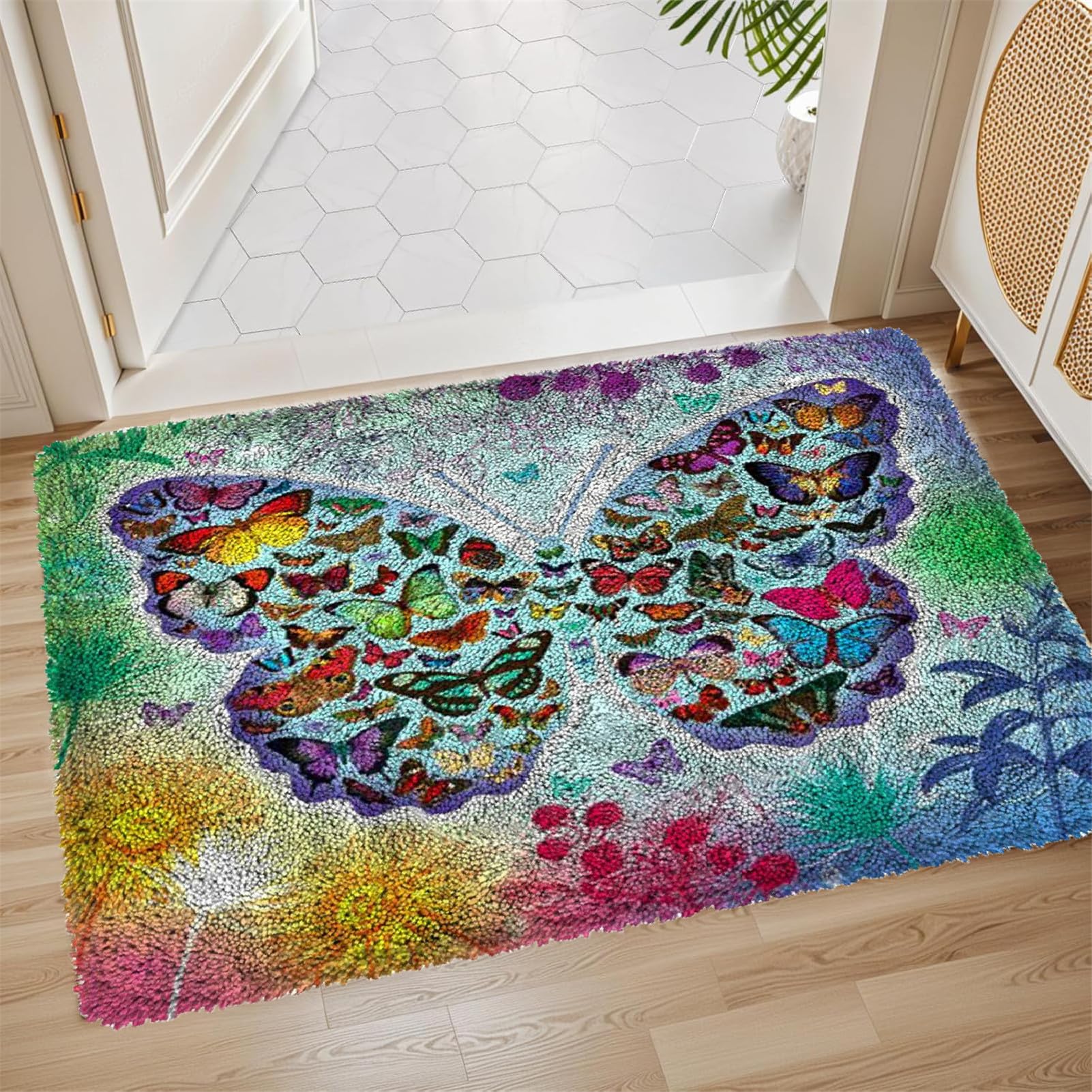 DUBENS Dywan z guzikami do samodzielnego zawiązania, zestaw dywanów dla dorosłych i dzieci, zestaw do haftu krzyżykowego do dekoracji domu (75 cm x 55 cm, motyl)