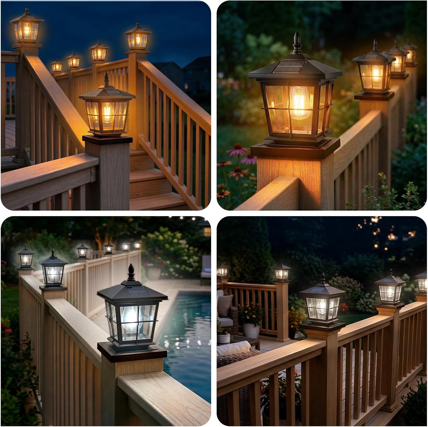 JOFIOS Solar Post Lights 4pack, 3-Color Temperature Dusk to Dawn Solar Lamp Post Light, Black IP65 Waterproof Outdoor Decorative Lamp for 4x4/5x5 Wood/Vinyl Posts, Garden Yard Deck Fence