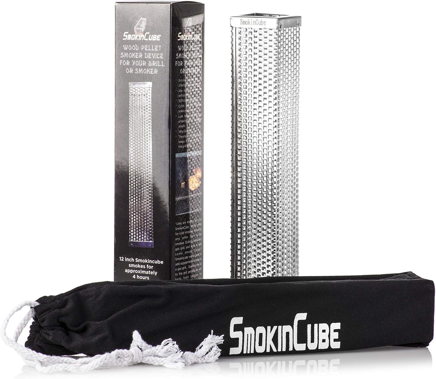 SmokinCube Premium Wood Pellet Smoker Tube for All Types of Grills or Smokers- 4 Hours of Smoke - Cold or Hot Smoking- Ideal for Smoking Cheese Nuts Steaks Fish Pork or Beef - 12" Stainless Steel