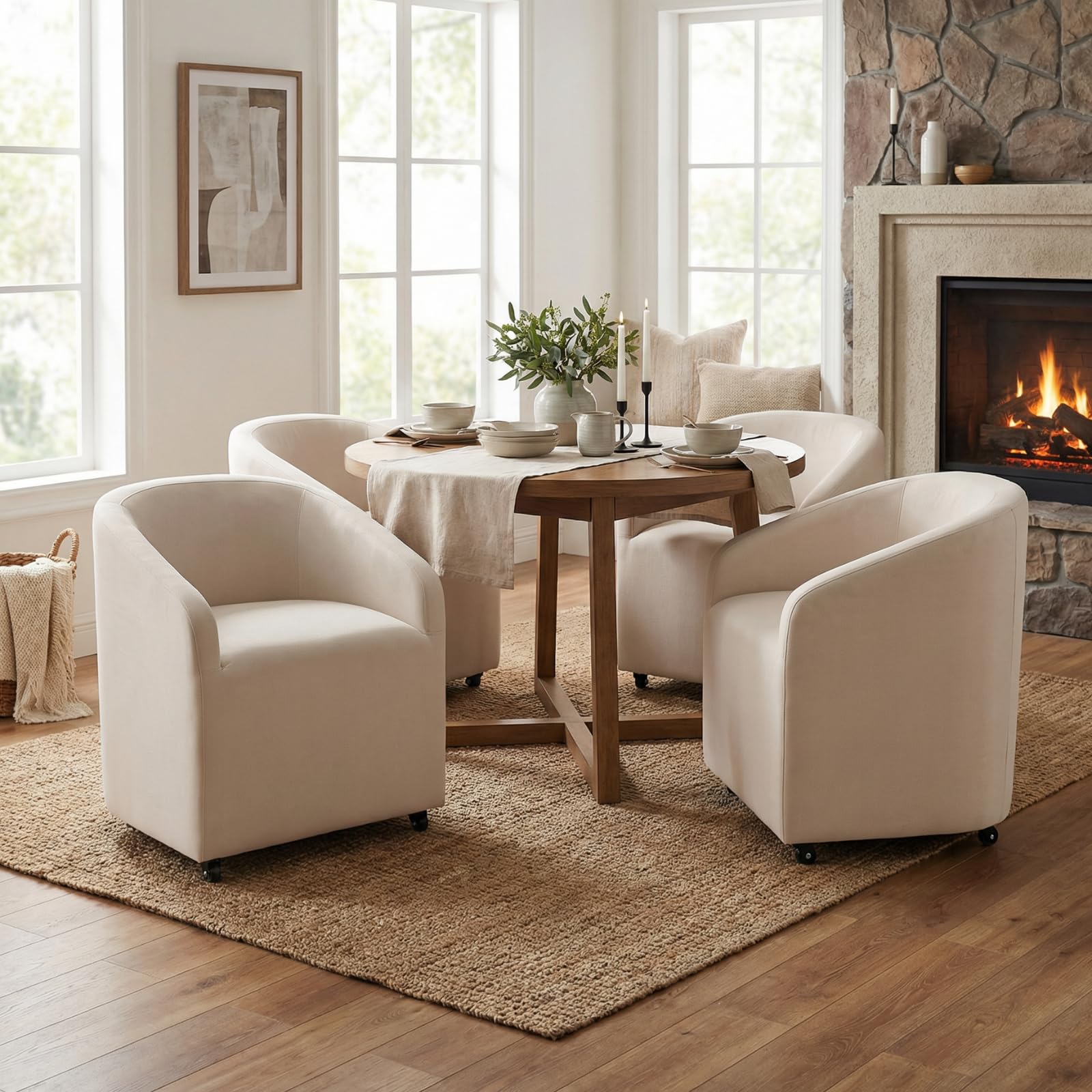 CIMOTA Linen Beige Barrel Dining Chairs with Wheels, Set of 4 — Modern Upholstered Swivel Dining Room Chairs on Casters for Kitchen or Living Room