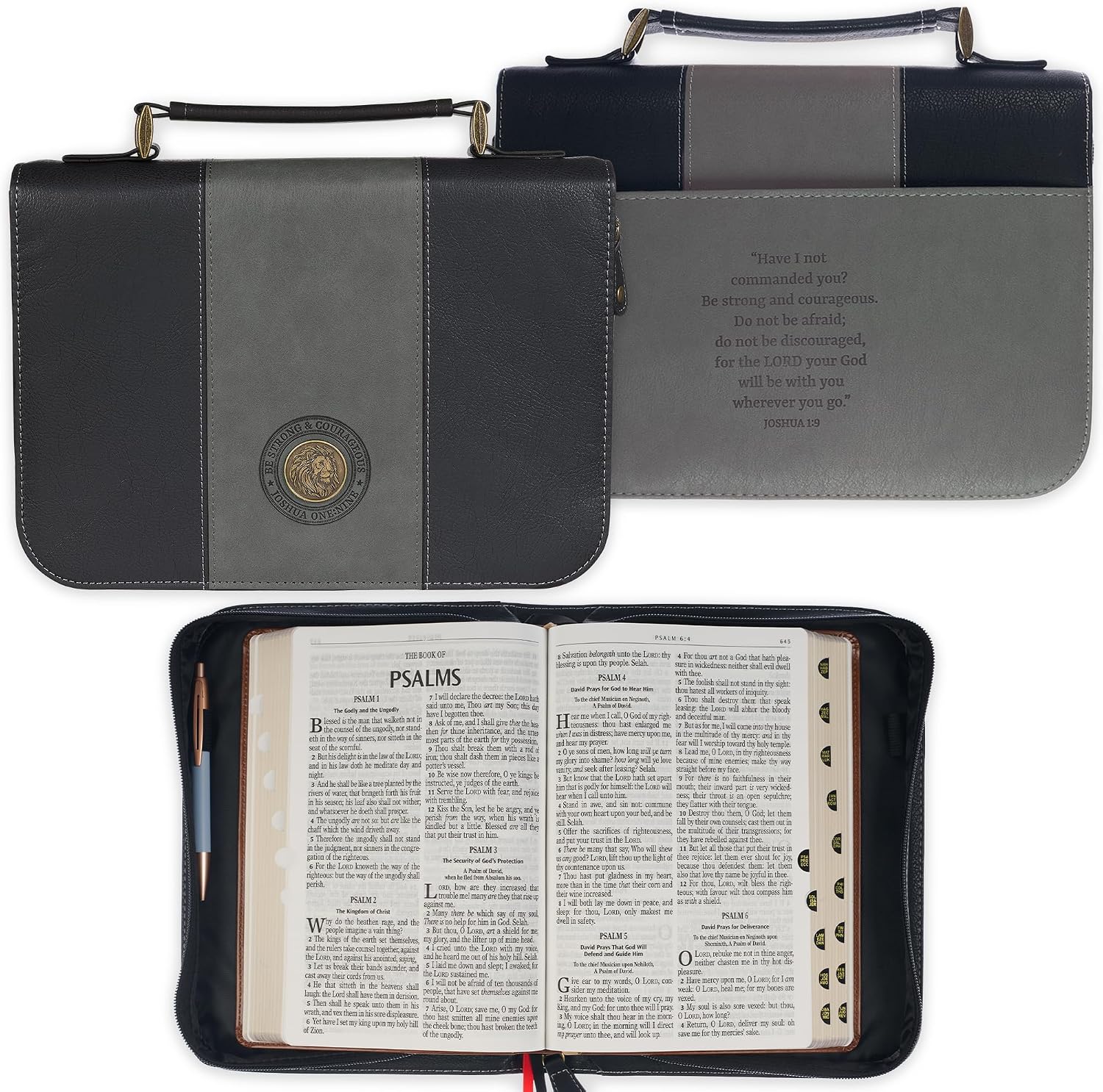 Christian Art Gifts Classic Premium Vegan Leather Inspirational Bible Cover for Men & Women: Strong & Courageous Encouraging Scripture, Brass Lion Medallion, Pen Loops, Pockets, Black & Gray, Medium