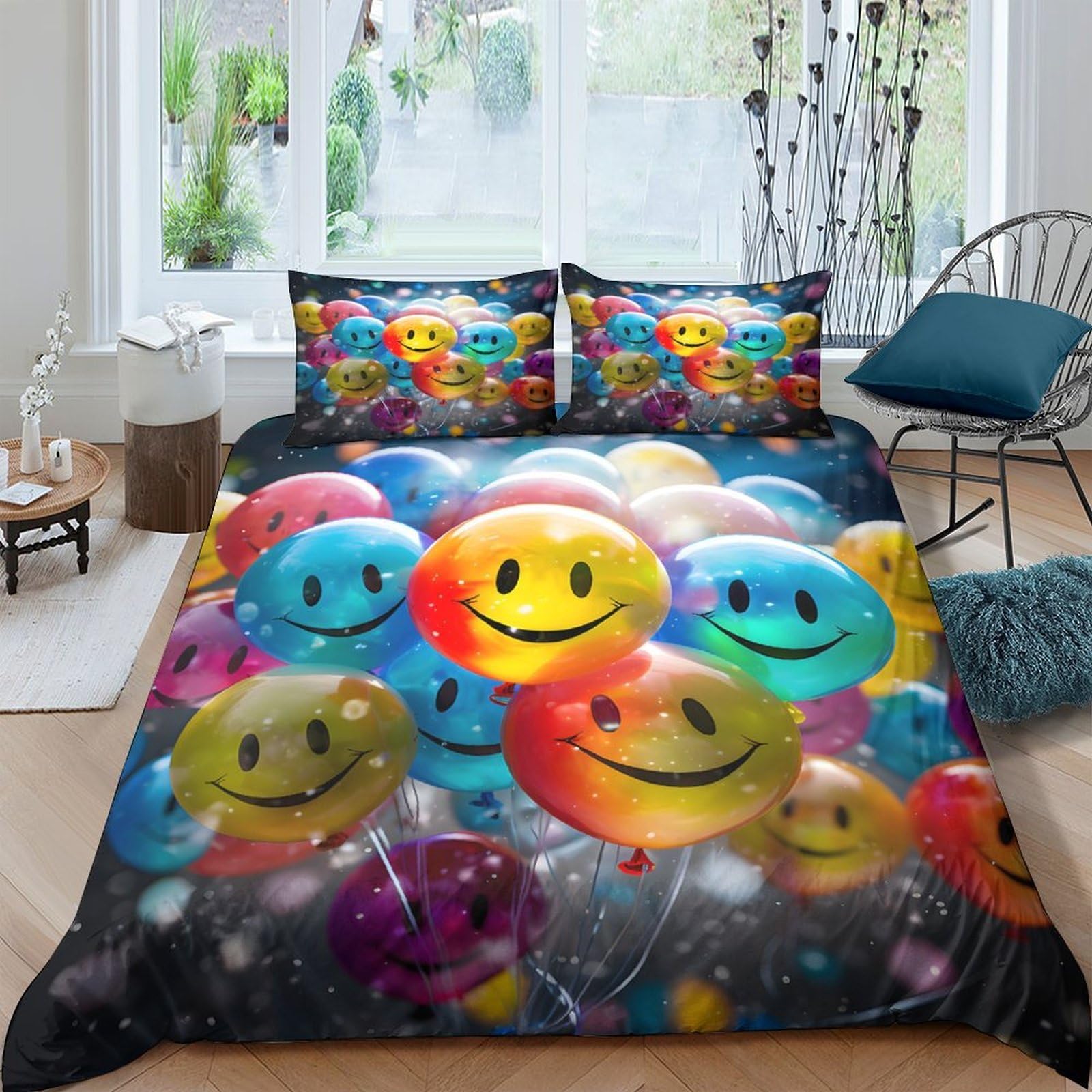 Ctjqhvkz Style-9 3D Printed Colorful Smiley Balloons Fitted Sheet Microfiber Soft Vibrant Bed Cover For Bedroom Dorm Mattress Protection Decor Single（135X200cm）