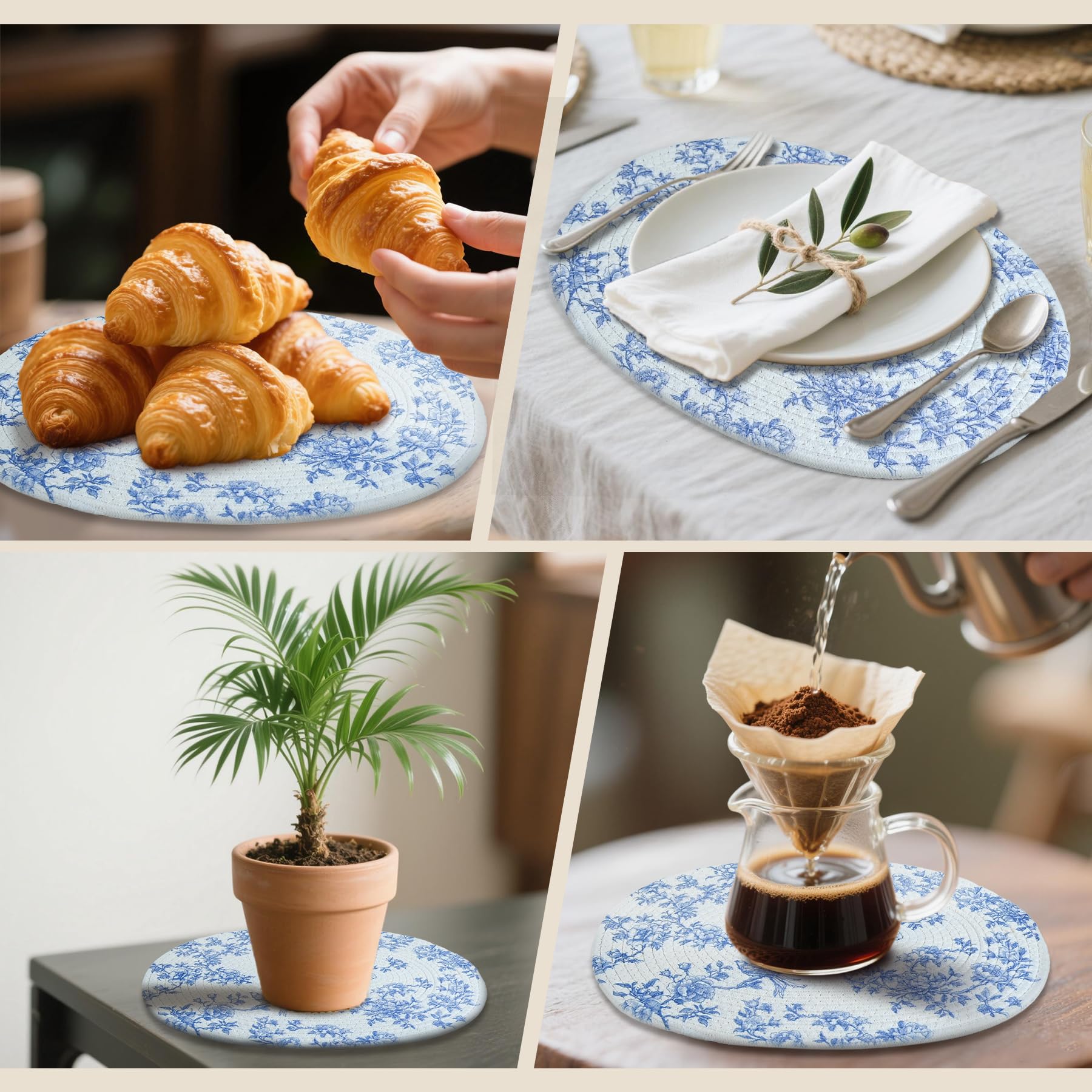 6 manteles individuales ovales tejidos,Patrón de porcelana azul y blanco de algodón cuerda de algodón manteles individuales,Accesorios lavables y hechos a mano para la mesa de comedor,manteles