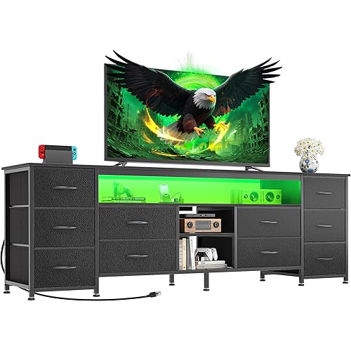 Huuger 63 Inch LED TV Stand Dresser with Power Outlets, USB-C Port and LED Lights, 10 Fabric Drawer Dresser for Bedroom, Long Entertainment Center for 65, 70 Inch TV, Open Shelves, PU Leather, Black