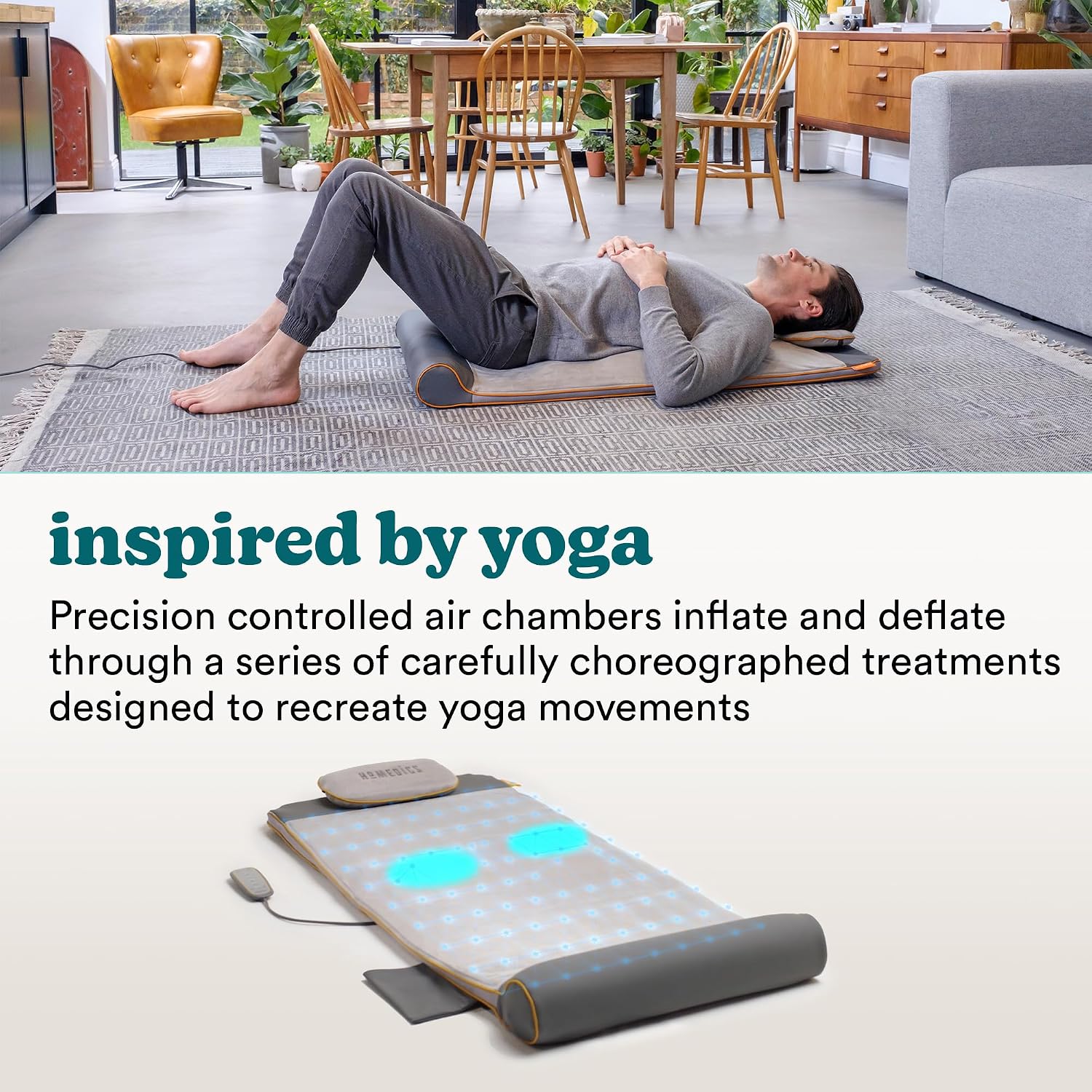 Man on HoMedics Stretch Mat demonstrating yoga-inspired movements