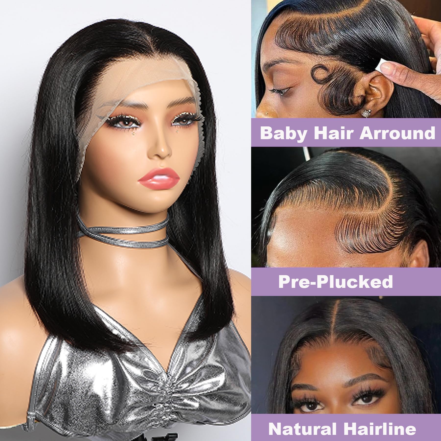 GIRLOFDREAMS 13x4 Bob Wig Human Hair Natural Color Straight Lace Front Wigs Glueless 180 Density Pre Plucked with Baby Hair Brazilian Remy Short Hair Transparent Lace Frontal Wigs for Black Women - Image 3
