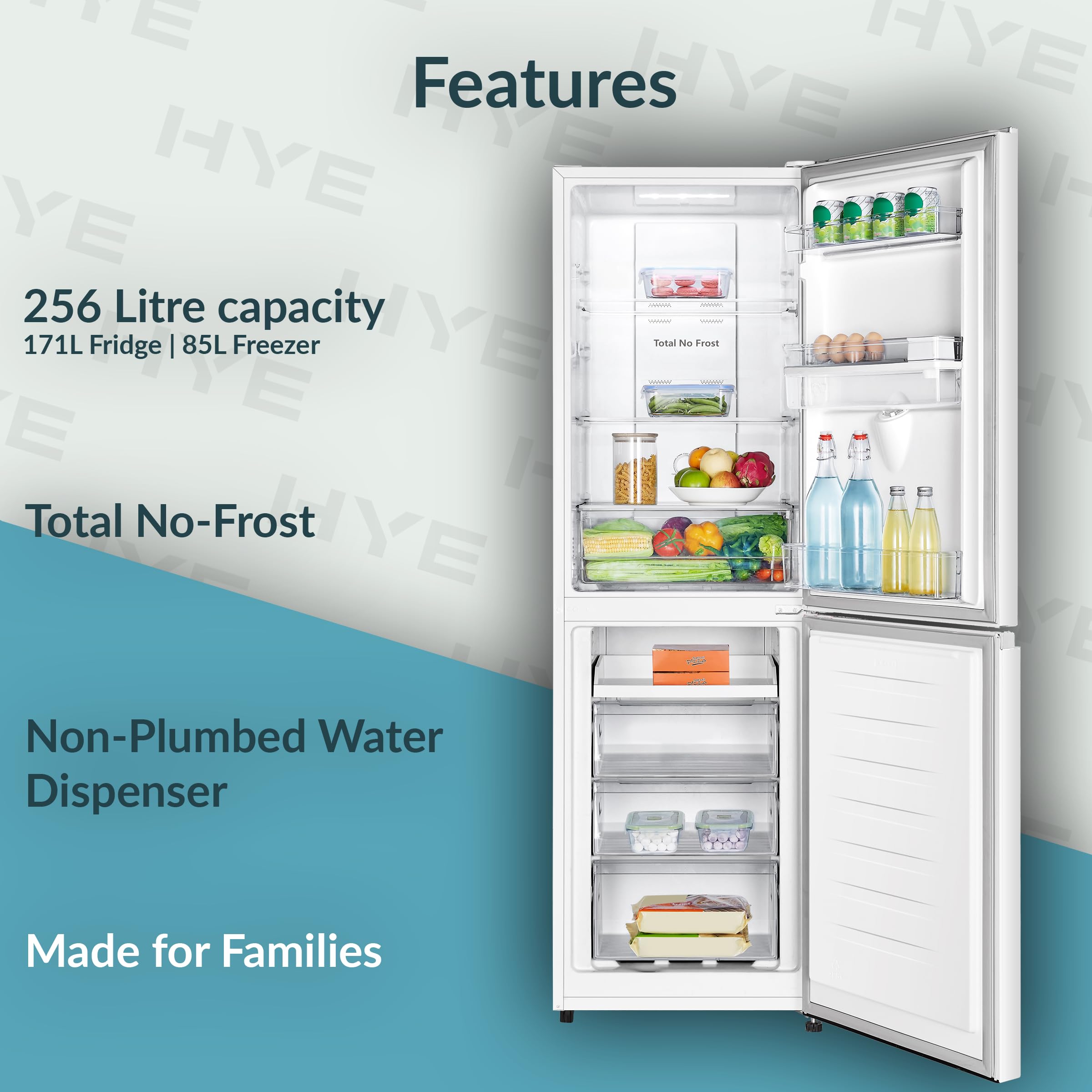 HYE Fridge Freezer - 50/50 Freestanding Fridge Freezer, 182.4cm Height, 55cm Width, 256 Litre Capacity, Total No Frost & Non-Plumbed Water Dispenser, White - RF01FF256W18 — view 4