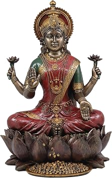 Ebros جميلة إلهة هندوسية كبيرة Lakshmi يجلس على تمثال زهرة اللوتس 12.25 "الهندوسية الطويلة التنوير الشرقي راتنج المذبح ديكور تمثال إله الازدهار جيد ثروة Vastu Vishnu Shakti