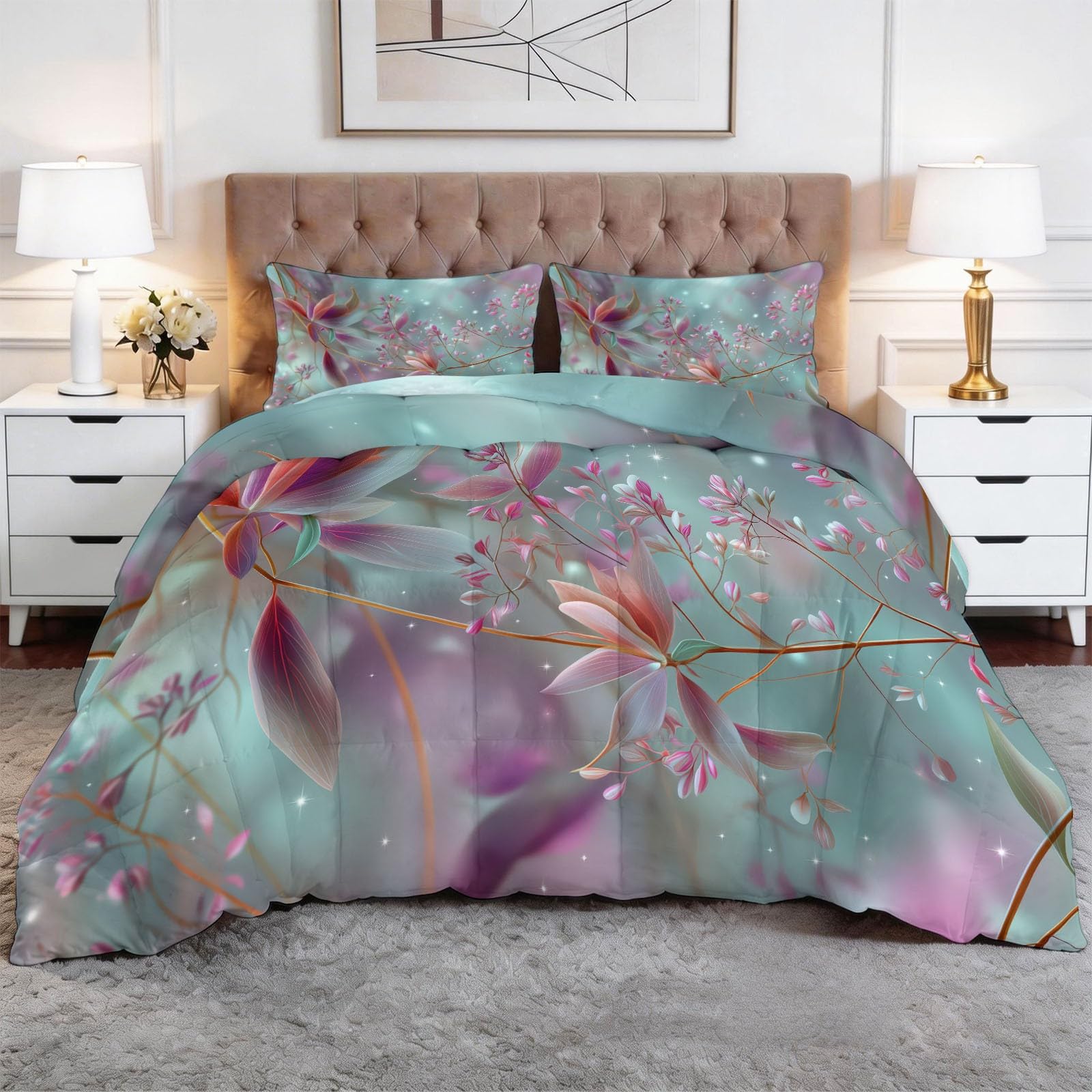 Set Trapunta 3 Pezzi 150x200 cm Piante fantasia fiori Piumone Letto 4 Stagioni, Trapuntino Anallergico Soffice, Copriletto Trapuntato Moderno per Adulti Bambini