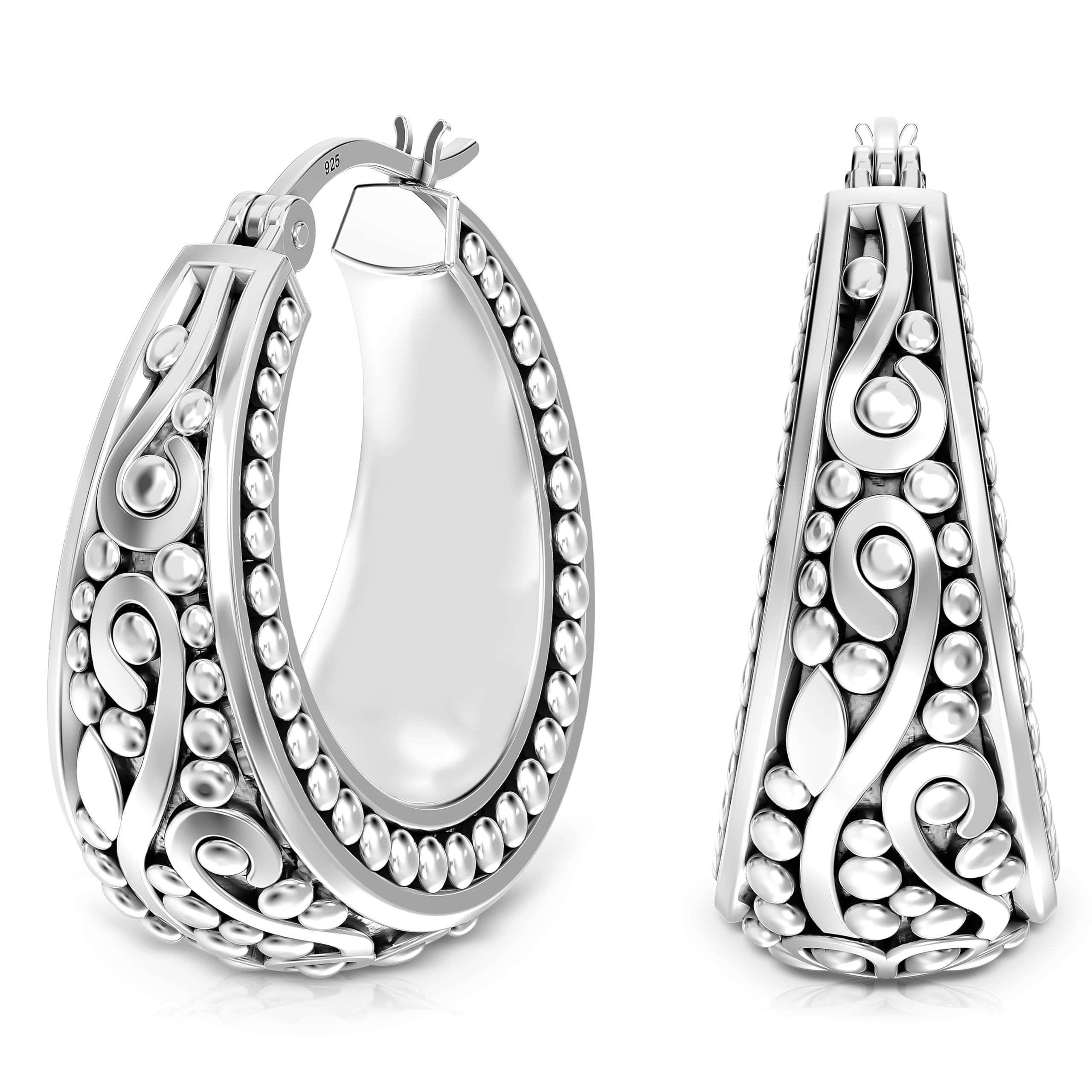 925 Sterling Silver Bali-Style Hoop Earrings Lightweight Click-Top Antique Two-Tone Beaded Italian Bali Style Earring Hoops for Women