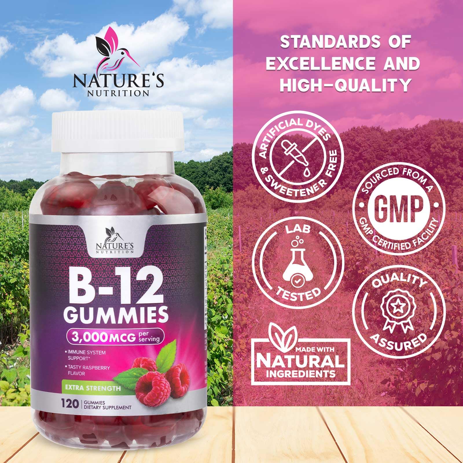 Vitamin B12 Gummies 3000 mcg - 3X Strength Energy Gummies with Vitamin B12 - Metabolism & Immune Support - Vegan Energy B12 Gummy Supplement for Adults - Tasty Raspberry Flavor - 120 Gummy Vitamins — Amazon image 4