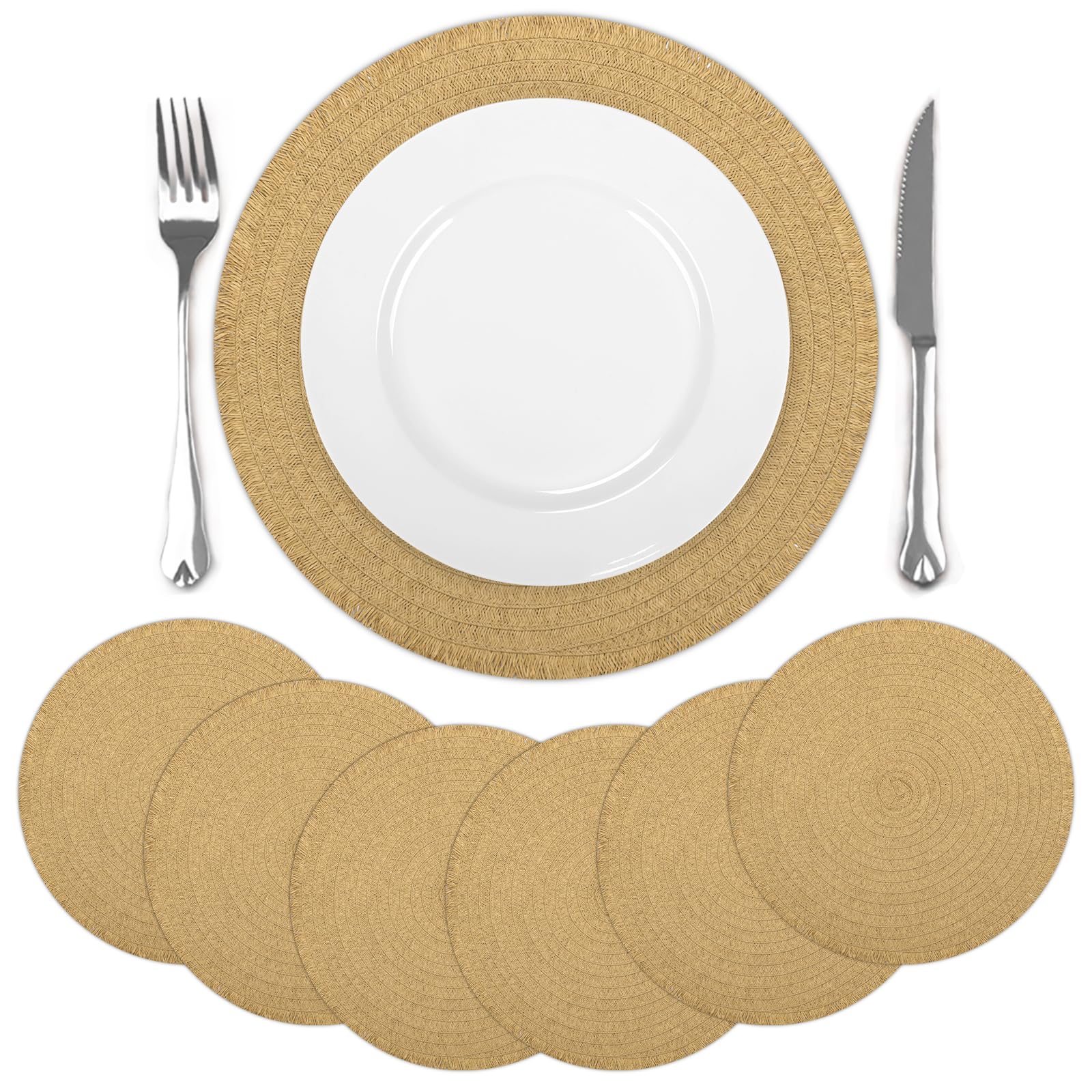 comfoyar Round Braided Placemats Set of 6, 38cm Non-Slip Paper Woven Place Mats with Short Tassel