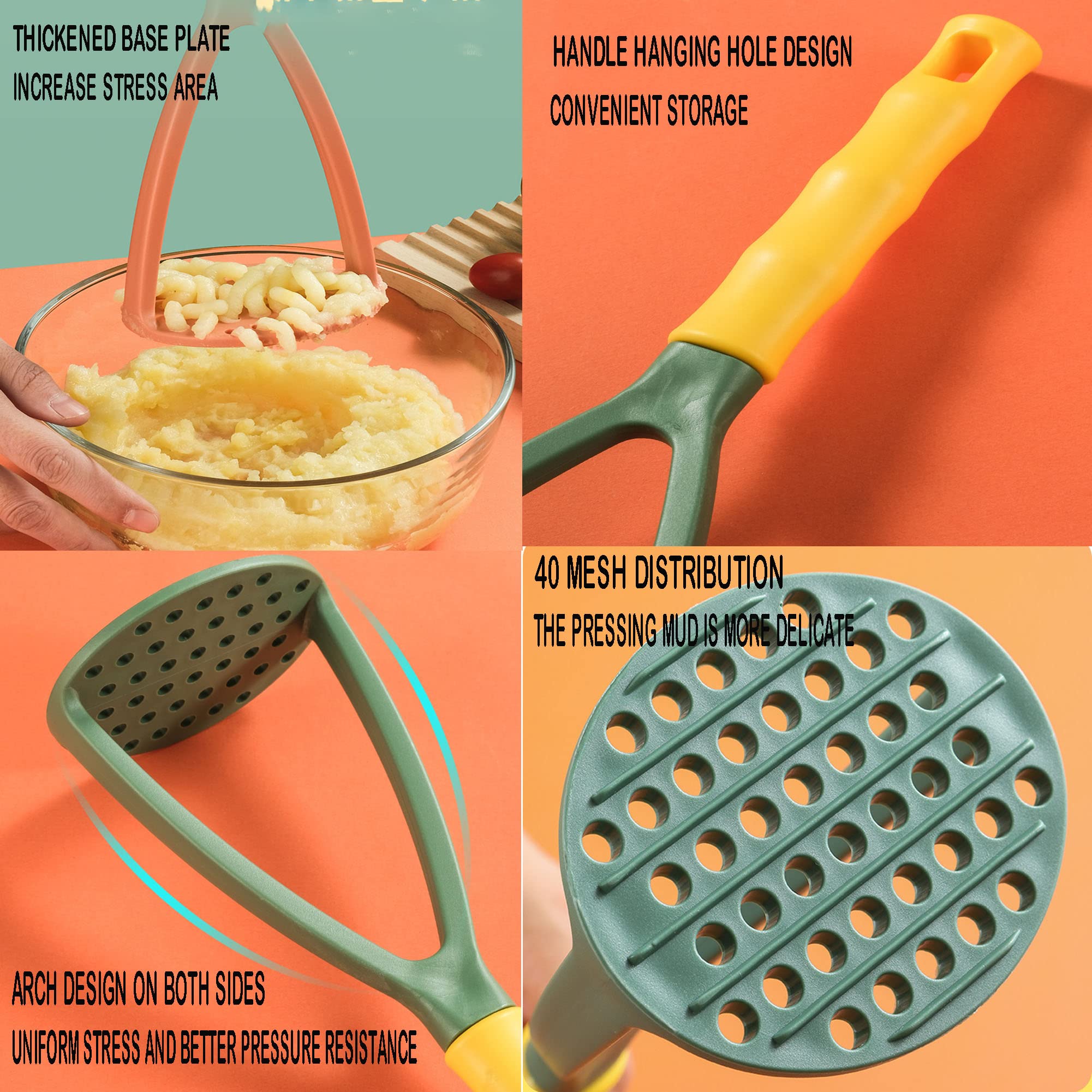 2xKartoffelstampfer, manueller Stampfer, Küchenstampfer, kratzfest, antihaftbeschichtet, für Kartoffel, Kürbis, Stampfer, Küchenwerkzeuge für Bohnen, Babynahrung, Avocado (grün + orange)
