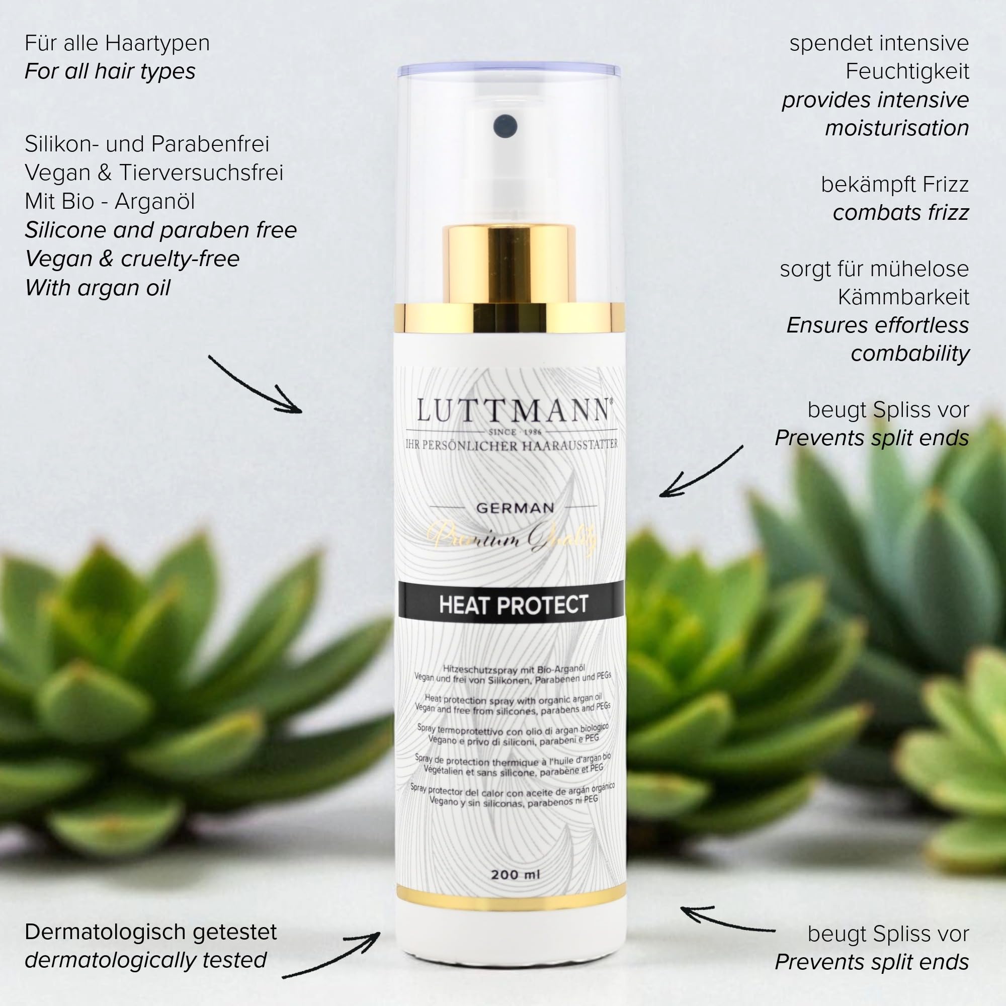 Spray Heat Protect 200 ml - Spray de protection thermique à l'huile d'argan bio pour extensions, perruques, postiches et cheveux naturels - Fabriqué en Allemagne