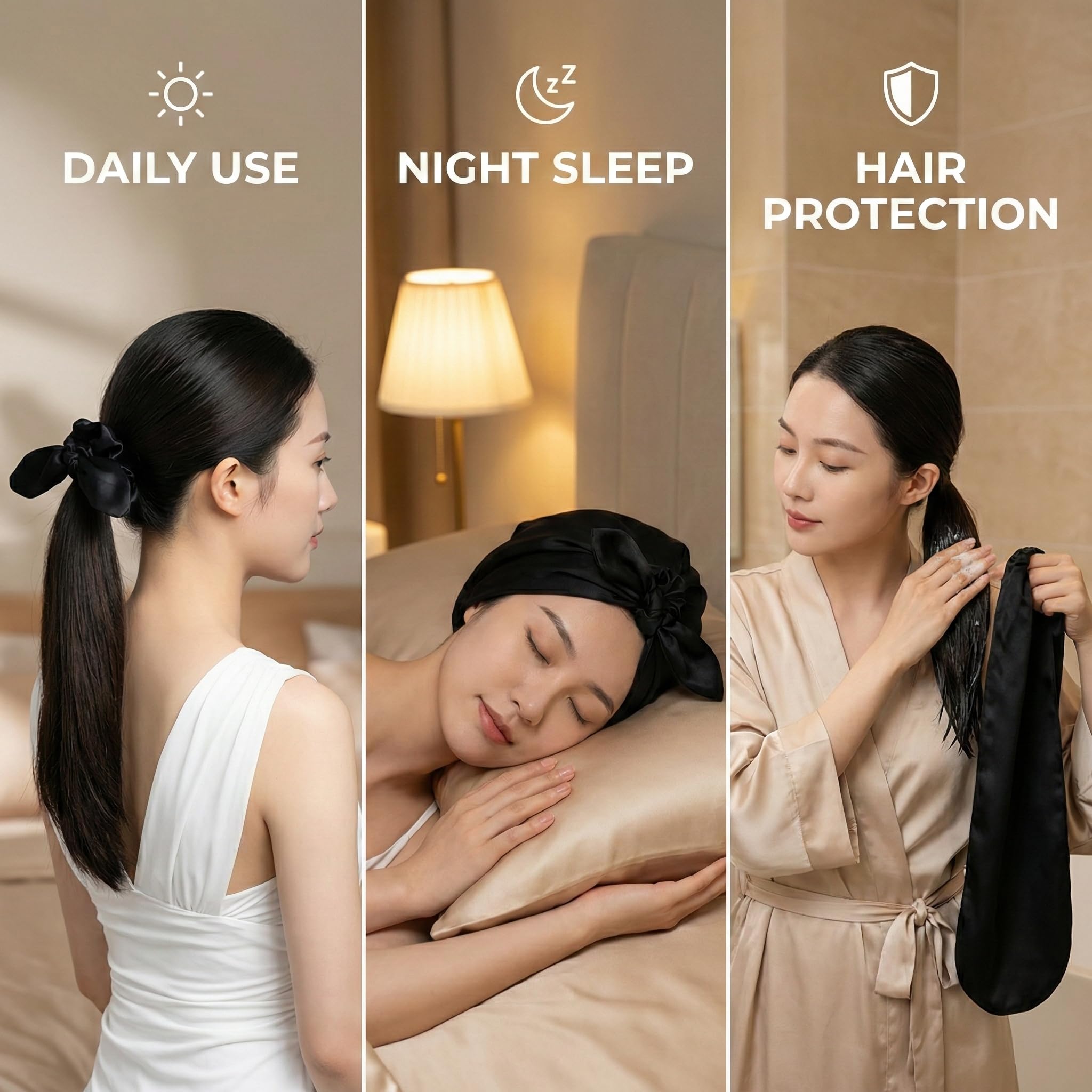Berretto in seta per capelli lunghi con elastici in seta neri cuffia notte capelli lisci senza nodi protezione capelli per dormire casa lavoro