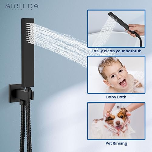Miniatura 7 de Airuida Juego de grifos de ducha de montaje en techo negro mate, cabezal de ducha SUS304 de 12 pulgadas, juego de accesorios de ducha de cuerpo