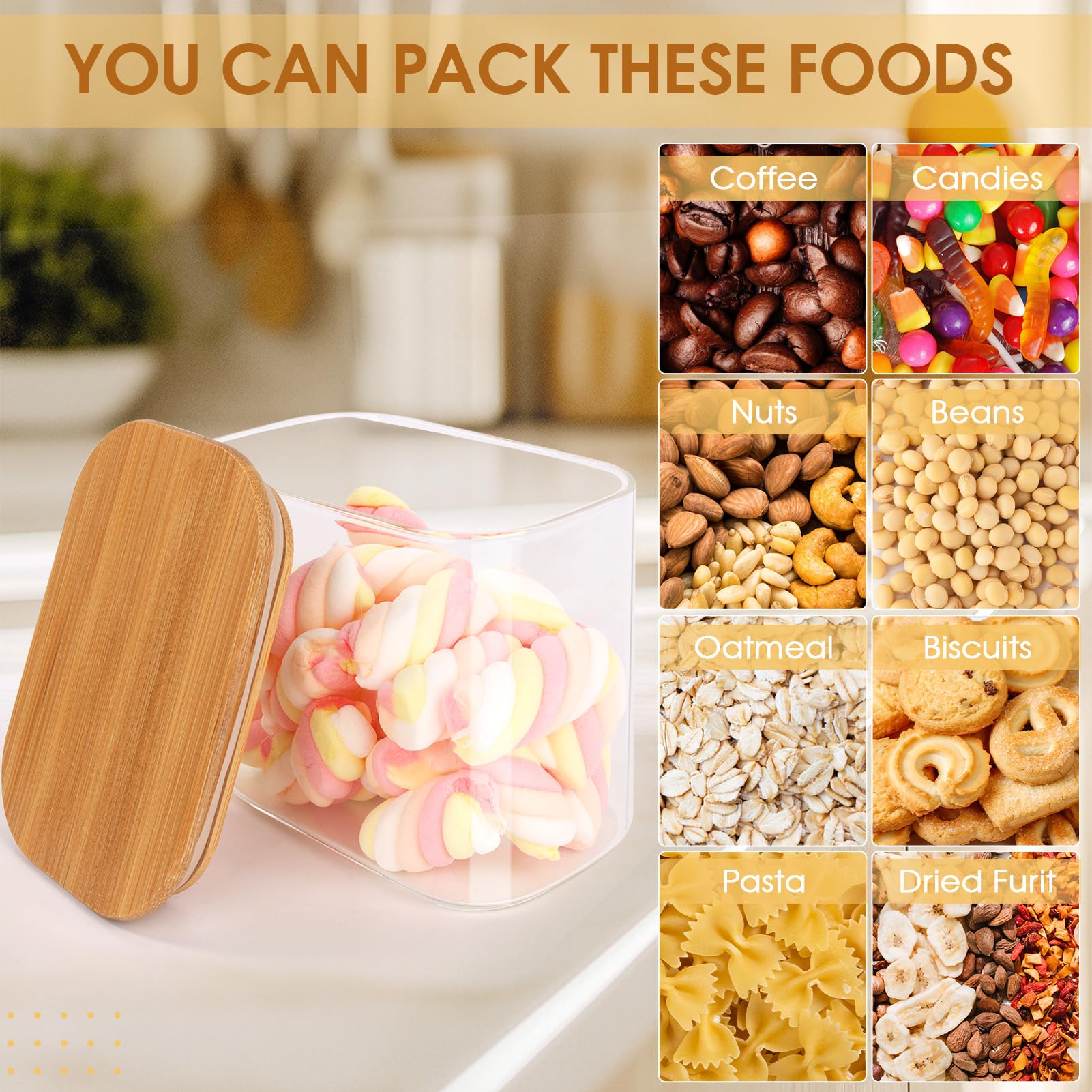 FoiiLiio 800 ML Rettangolari Barattoli Vetro con Coperchio Set di 6 Barattolo vetro con Coperchio in Bambù Barattoli Cucina vetro Ermetici per Spezie, Noci, Cereali -Φ12x8x10cm