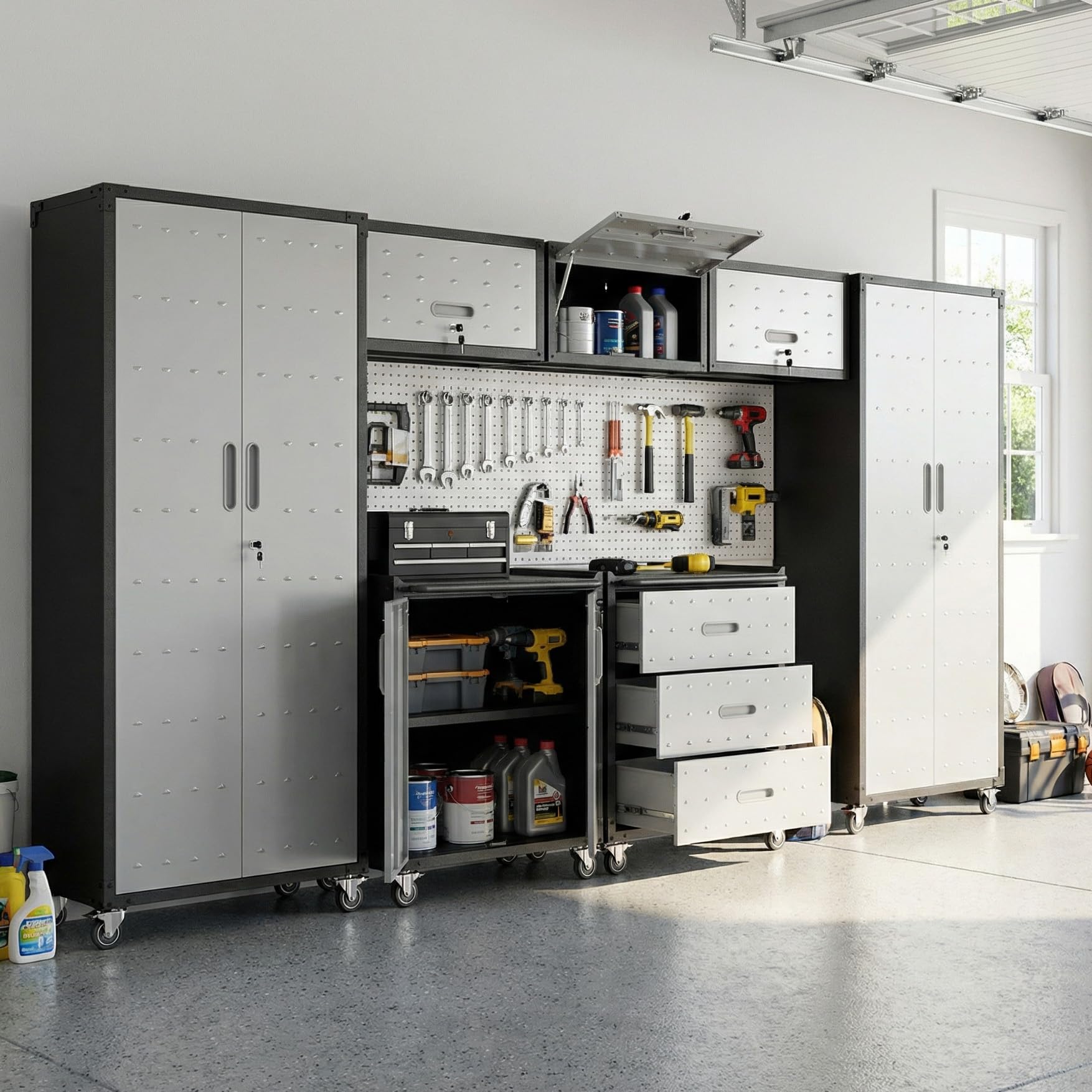Garage Cabinet System | Heavy Duty Steel All-in-One Modular Garage Cabinet Set for Ultimate Workshop Organization | Easy Assembly Garage Storage Cabinets &amp; Tool Bench