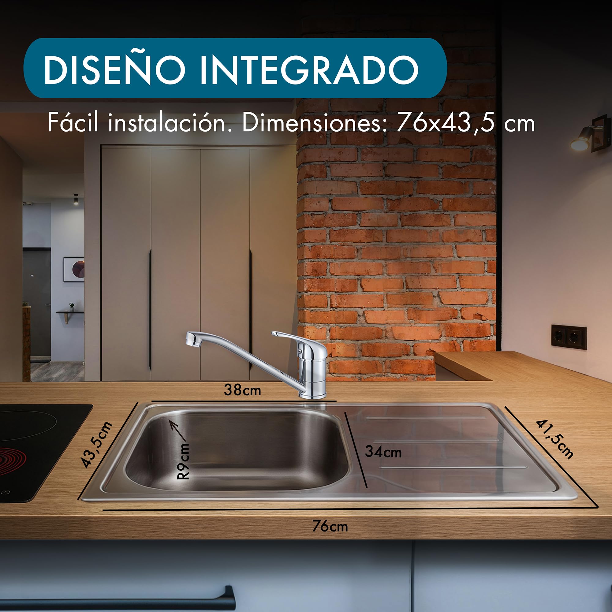 Apelson Fregadero Sobre Encimera ACE 34R, 76x43,5cm, Profundidad 15 cm, Grosor 0,5 mm, Instalación en mueble de 45cm, Accesorios incluidos, Acero Inoxidable