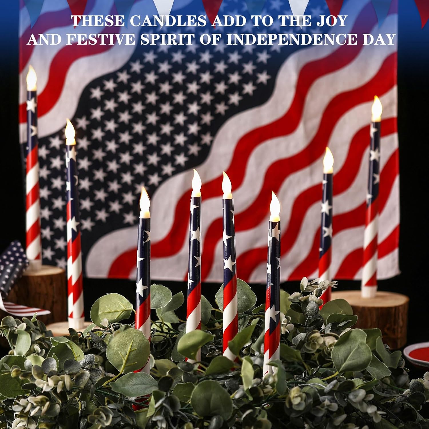 Aurelema 8 Pcs Patriotic Candles Flameless Taper Candles with Remote & Timer 4th of July American Flag Flameless Candlesticks Flickering Real 3D Real Candle for Independence Day Decor (Classic)