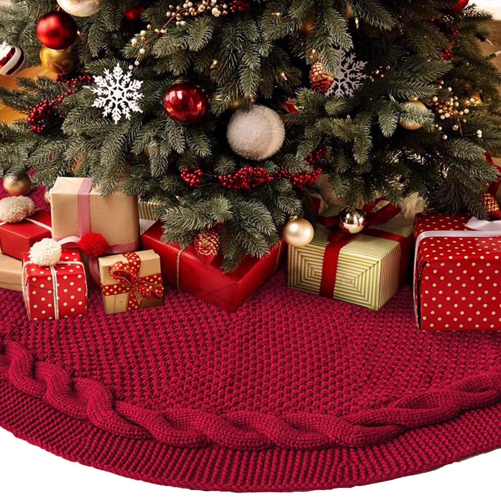 48 Inch Dark Red Knitted Christmas Maroon Tree Skirt? Large Xmas Tree Skirts Round Base Skirt for Christmas Tree Decorations? for 6-8FT Tree Christmas Treer Burgundy Tree Skirt Rug Decorations