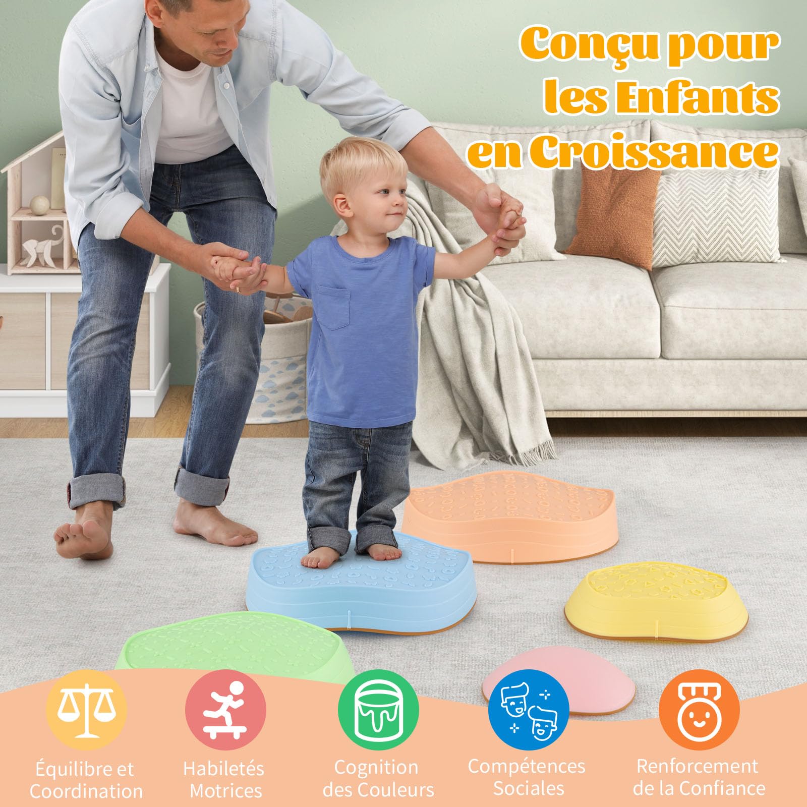 GOPLUS Pierres d'Équilibre pour Enfants, 5 Pièces Parcours de Motricité Antidérapantes Empilables avec Sac de Rangement